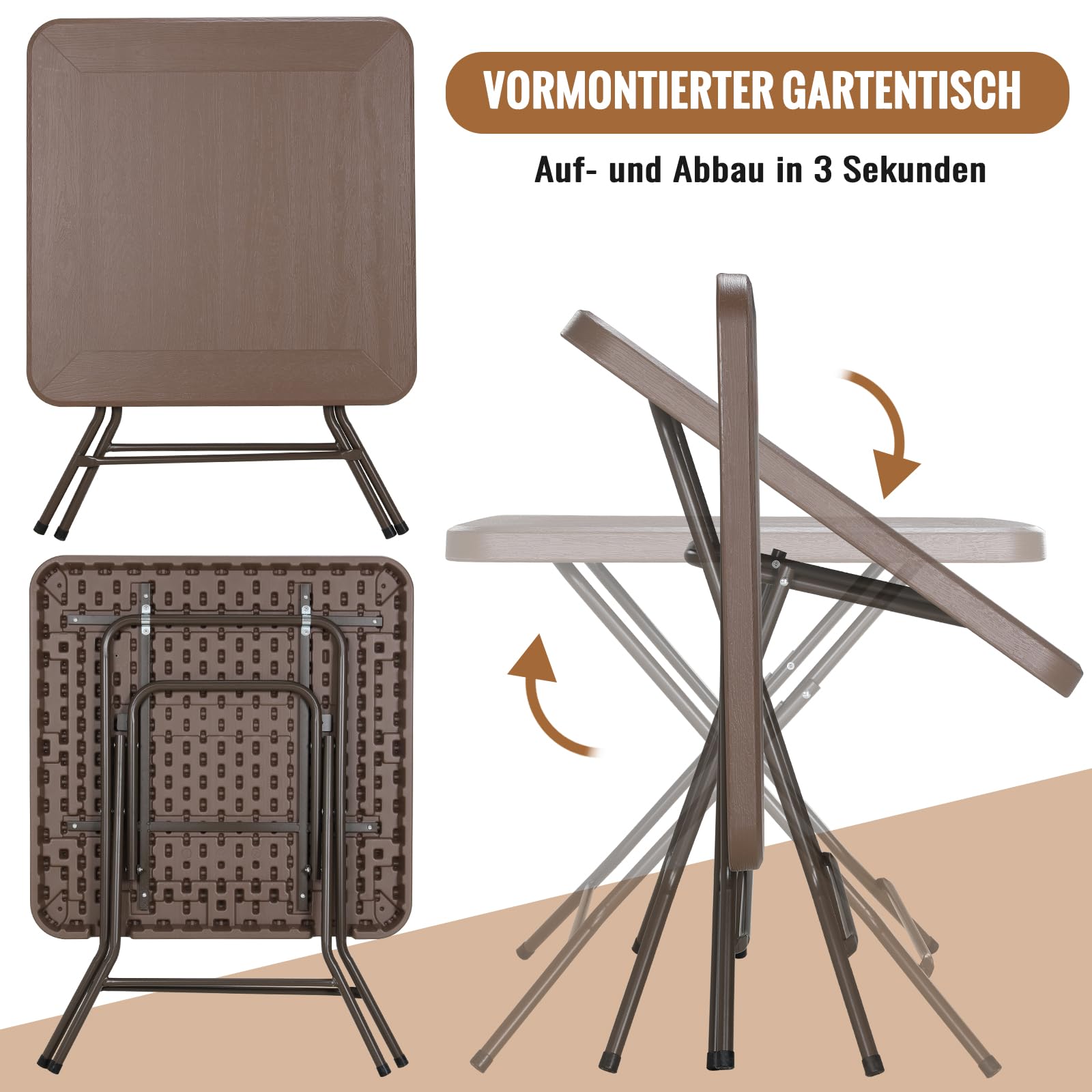 Clevich Mesa de jardín 80 x 80 x 74 cm, Mesa Plegable Portátil, Estructura de Acero y Espesar HDPE, Mesa de Camping, Resistente a la Intemperie, fácil de Limpiar para jardín, Terraza (Marrón)