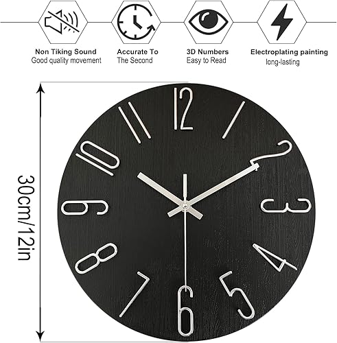 Miniatura 4 de AIRUIFU Reloj de pared de 12 pulgadas, silencioso sin tictac, funciona con pilas, analógico, pequeño, clásico, para oficina, hogar, baño, cocina,