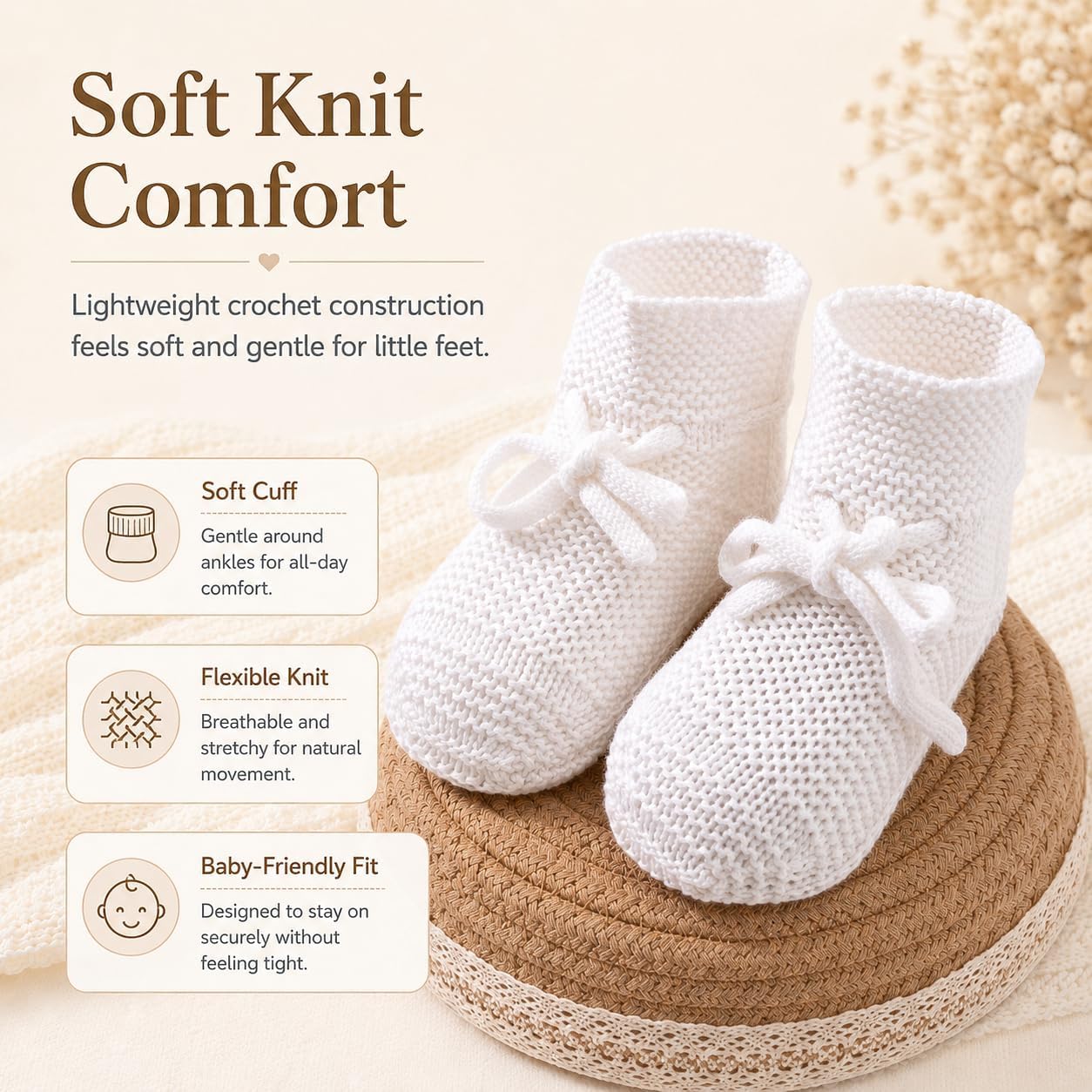Bamboo Cotton Crochet Baby Booties One-Piece Knit Newborn Shoes 2 Pcs
