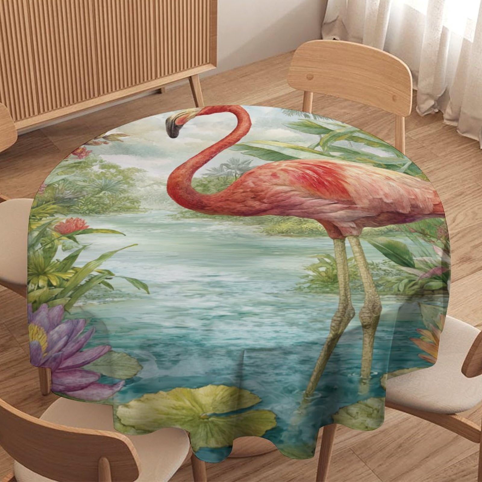 LUYYSKY Colorful Watercolor Bird Flamingos Round Tablecloth Modern Art Tropical Plants Flowers Animals Flamingos Washable Decor for Table Cover for Kitchen-127 Wx127 L cm