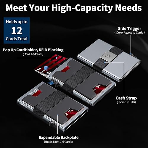 Miniatura 2 de Cartera delgada de aluminio para hombre, placa trasera expandible duradera, bloqueo RFID, billetera desplegable de metal minimalista, con capacidad