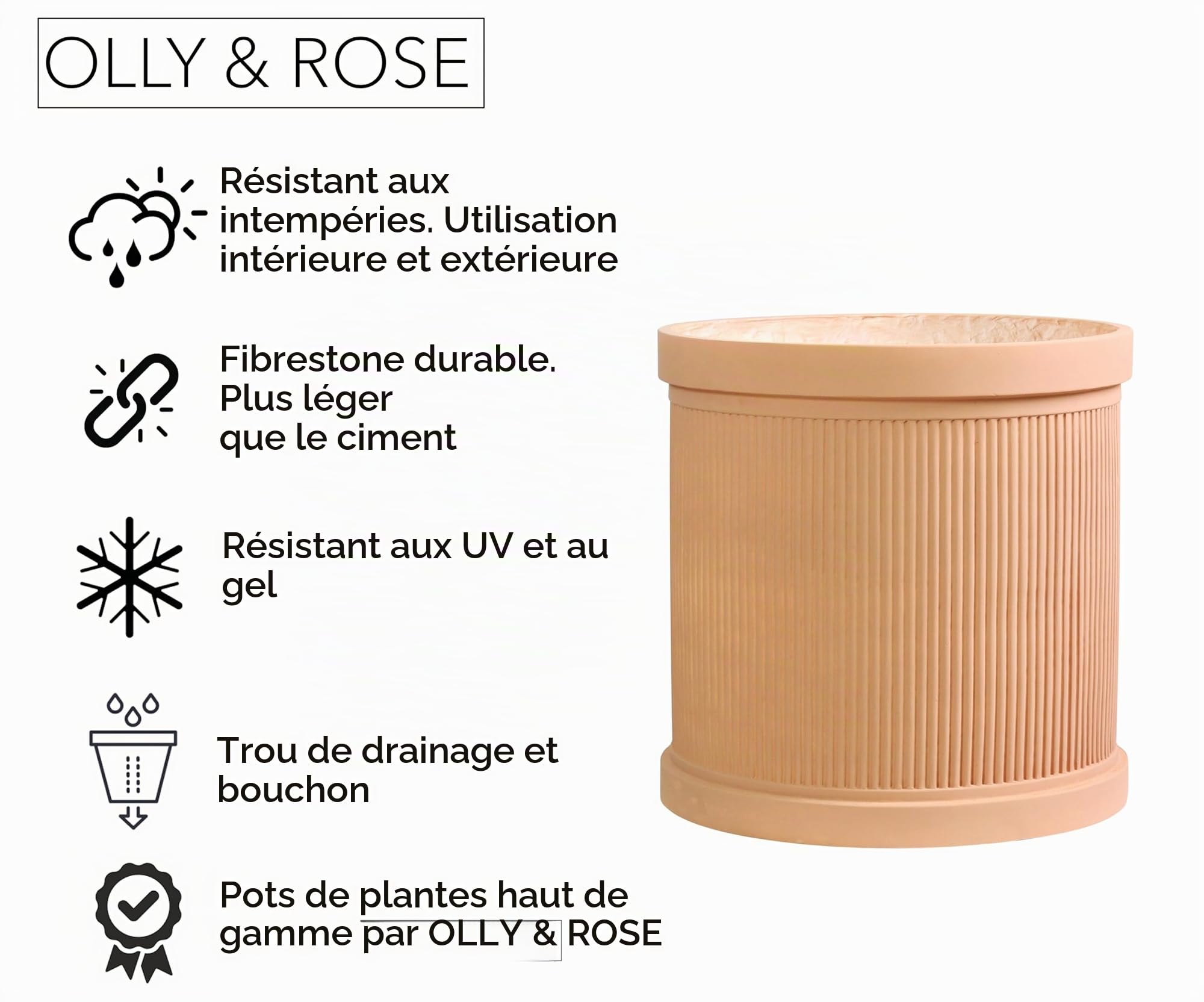 Olly & Rose Pot de fleurs en fibre de verre côtelé XL 45 cm – Grand pot de fleurs – Grand pot de fleurs en terre cuite – Grands pots de fleurs pour extérieur et intérieur