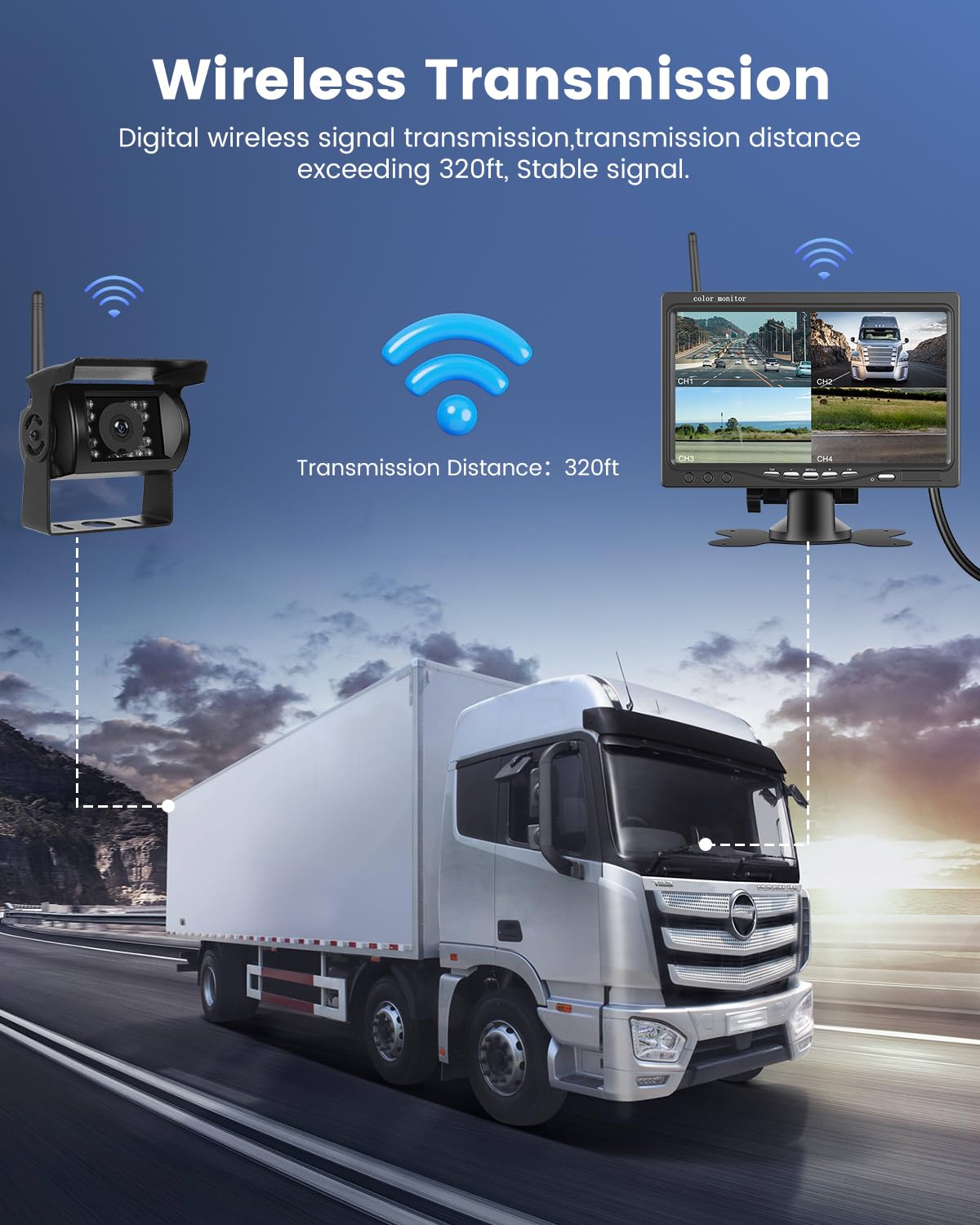NHOPEEW Kit telecamera di retromarcia senza fili - schermo HD da 7 pollici con telecamera di backup wireless 1080P - visione notturna impermeabile IP68 per camion, rimorchi, autobus, auto, camper ecc