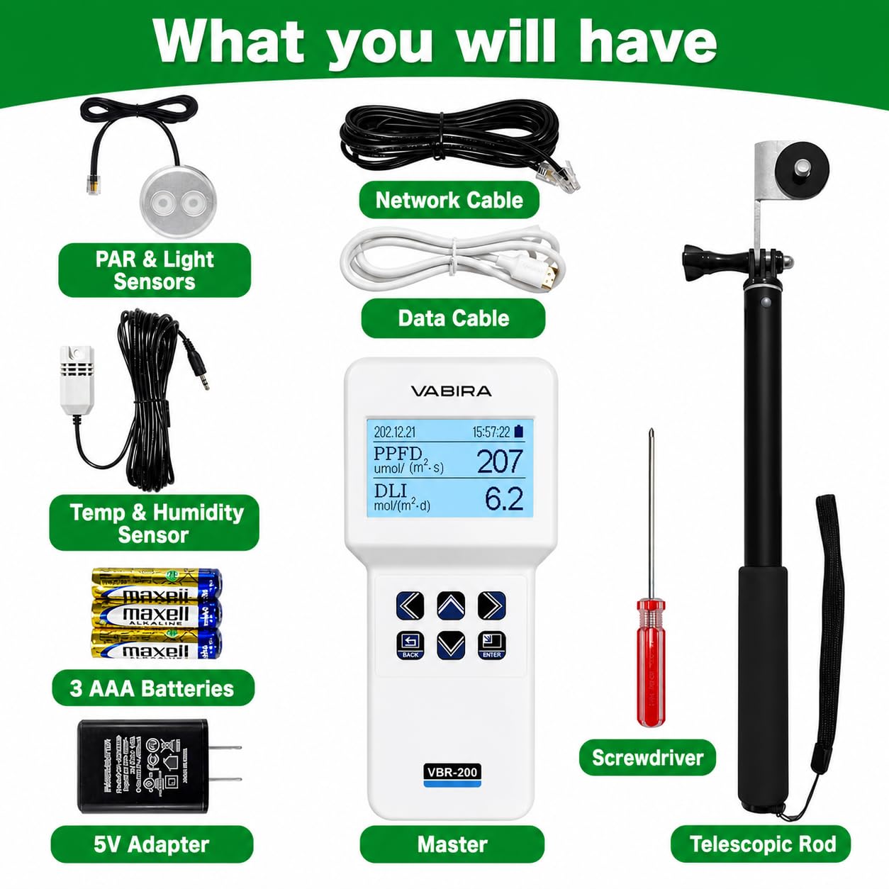 Medidor PAR VBR-200 con atenuador, Mantiene el PAR Objetivo automáticamente. Mide PPFD, DLI, Lux, CCT, Temperatura, Humedad y VPD.