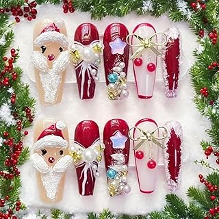 Cute Christmas Press on Nails Square Long Fake Nails Christmas Nails Press on Bow Star Pearl Rhinestones Design 3D Santa Claus False Nail Handmade Acrylic Nail for Women Manicure Supplies 10Pcs