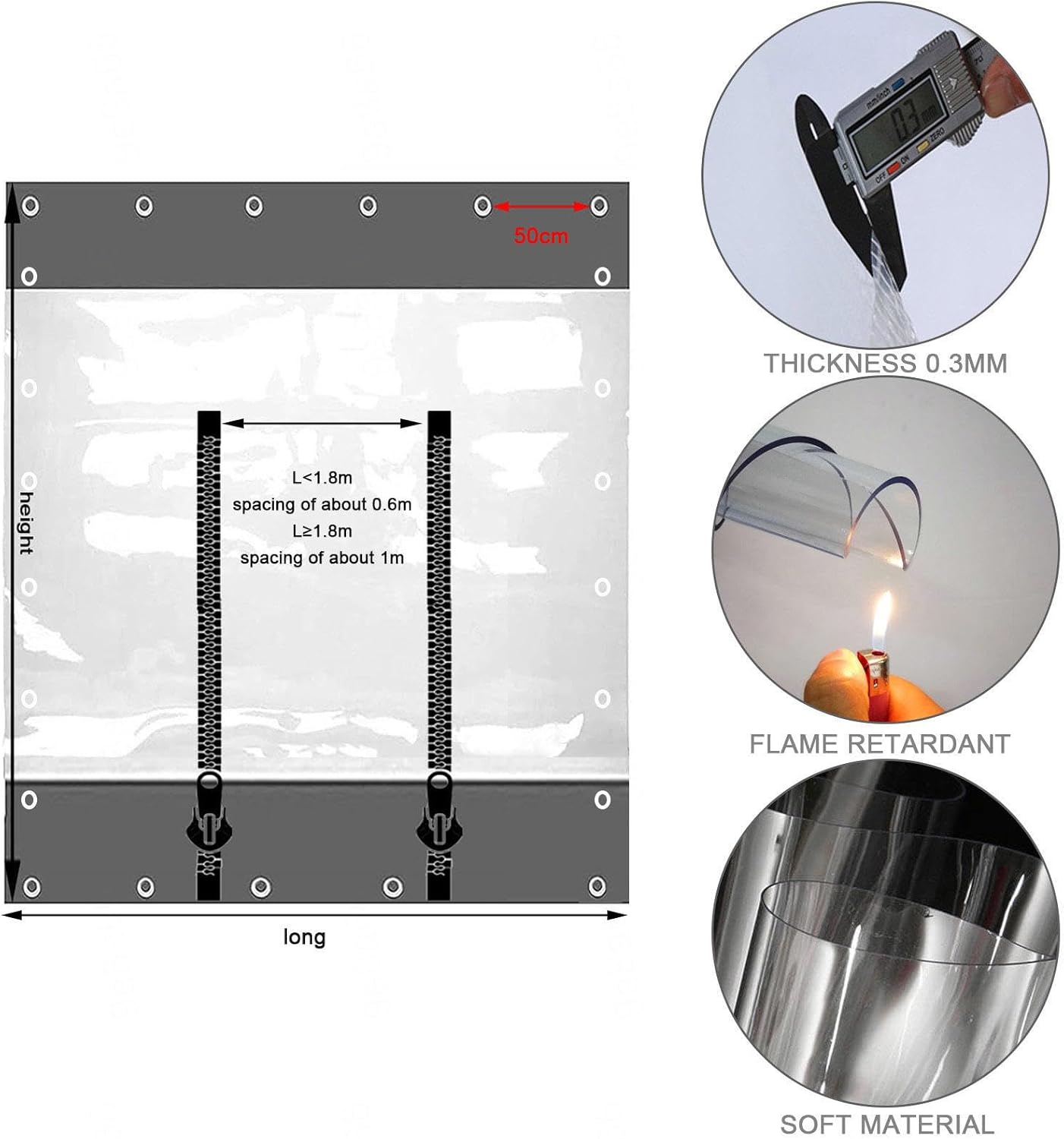 Outdoor Clear Waterproof Curtains with Zipper,0.3mm Thick Vinyl Tarp Curtain,Outdoor Clear Panel Curtain,Windproof,Warm,1/2/3/4/5m,Waterproof Side Panels for Porch,L×H-1.2×2m(47 * 79in)