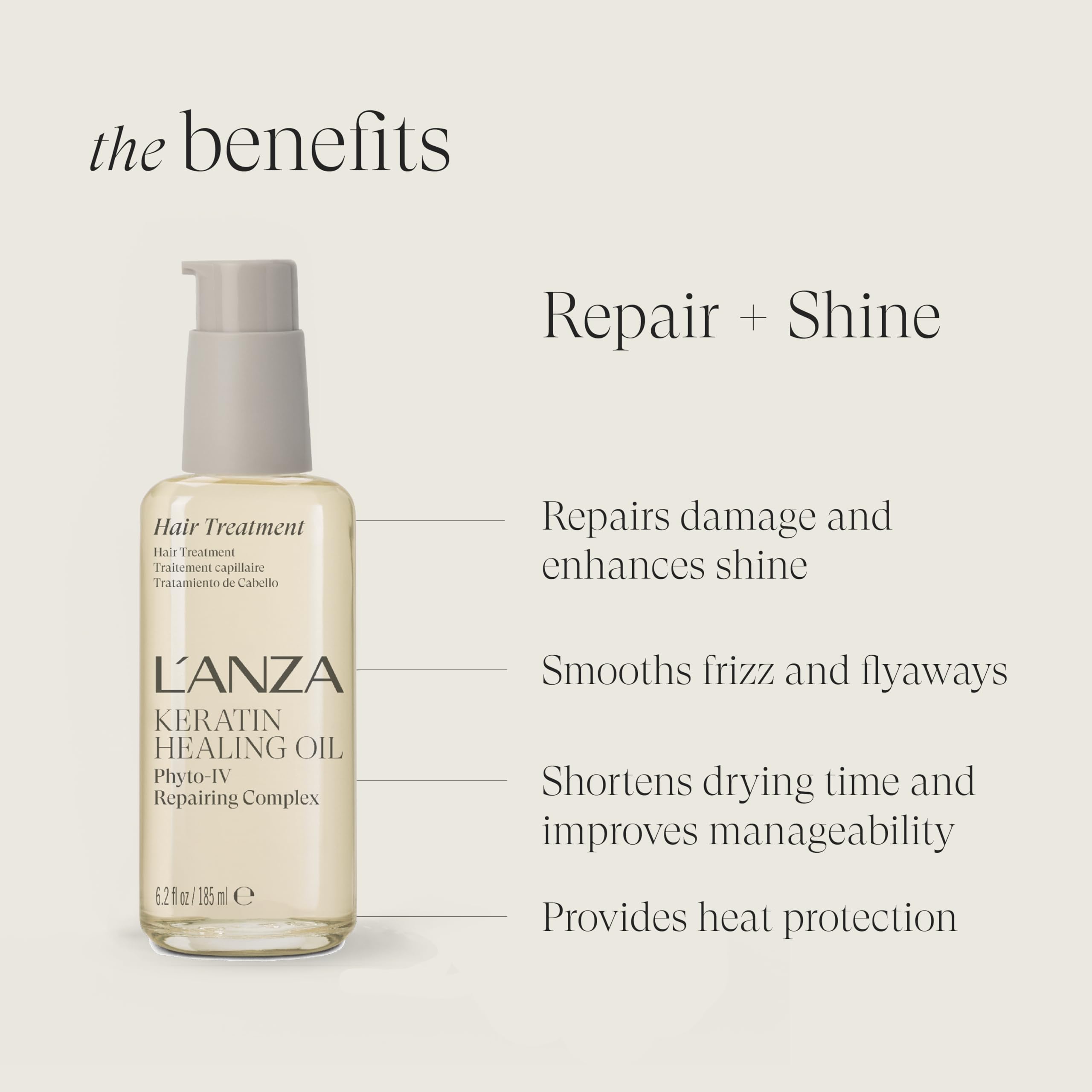 L'ANZA Keratin Heilöl Haarbehandlung (180 ml), Regeneriert, Belebt & Nährt Trockenes, Geschädigtes Haar & Kopfhaut, mit Restaurativem Phyto IV-Komplex, Proteinen und Dreifachem UV-Schutz