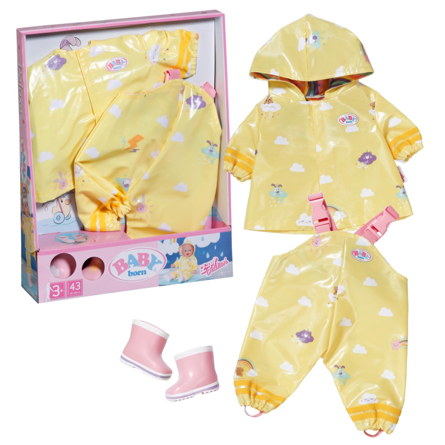 BABY born Deluxe Conjunto de Lluvia 836460 - Conjunto de Lluvia con Chubasquero, pantalón y Botas de Lluvia para muñecas de hasta 43 cm - Edad: 3+ años