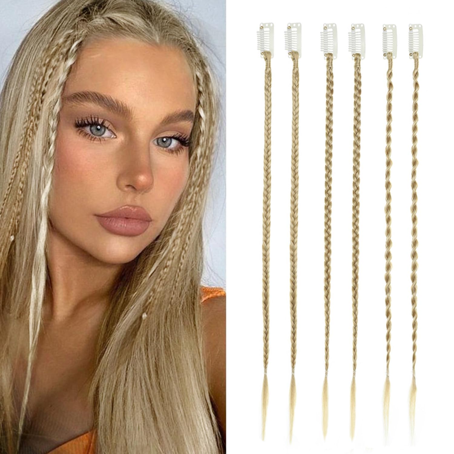 6PCS Braided Hair Extensions, 14 Inch Clip in Synthetic Braid Hairpieces, Women's Braid Hair Extensions, Ideal for Daily Wear(Medium Blonde with Pale Highlights, 14 Inch)