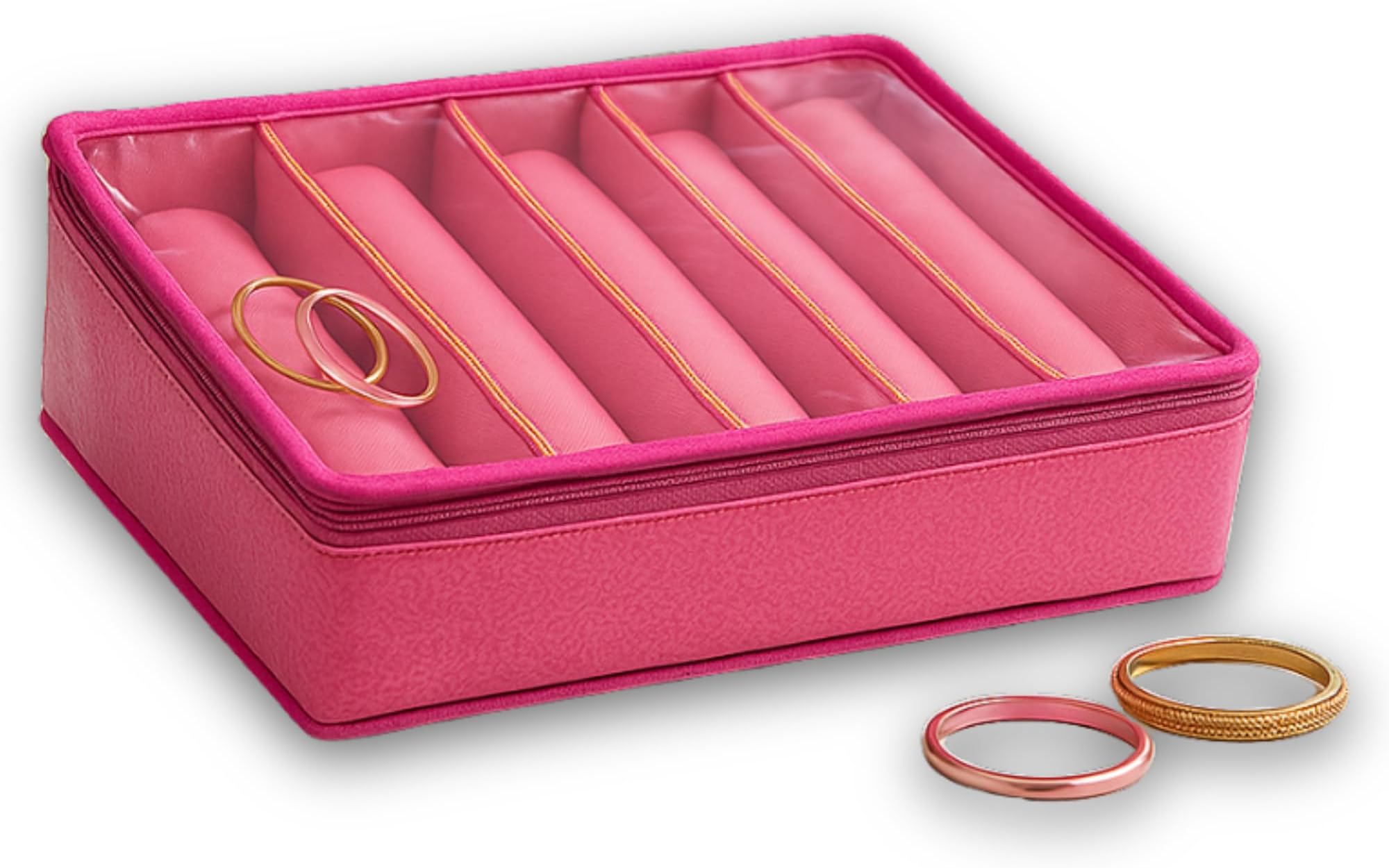 PVC Material 5 Rod Zipper Bangle Box/Bangle Organizer Box/Jewellery Storage Box/Jewellery Pouch/Vanity Bag - Pack of 1 (Pink)