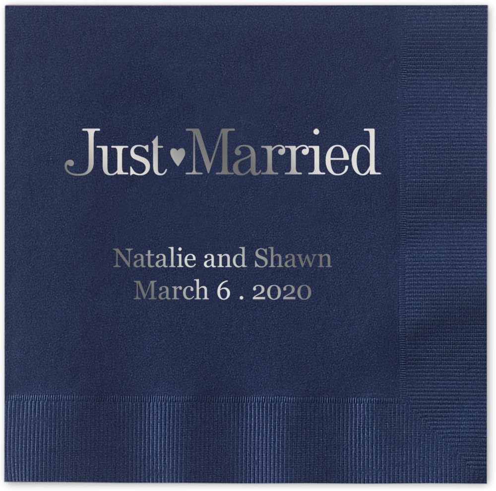 Just Married Personalized Luncheon Napkins / 100 Navy Blue Paper 6 1/2" x 6 1/2" Dinner Napkins With Choice Of Foil