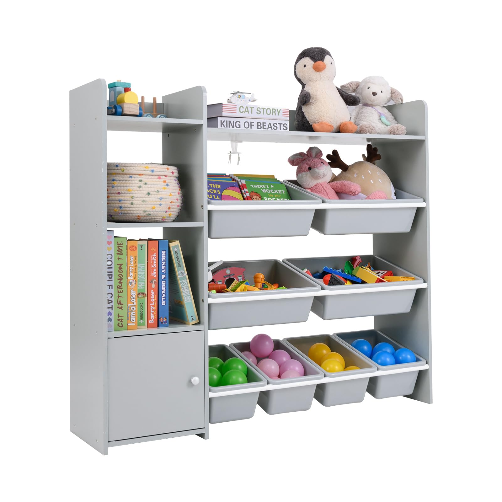 COSTWAY Kids Toy Storage Unit, Children's Toys Box Organiser with Bins,  Cabinet and Open Shelves, Large Toddler Bookshelf Rack for Playroom, Nursery