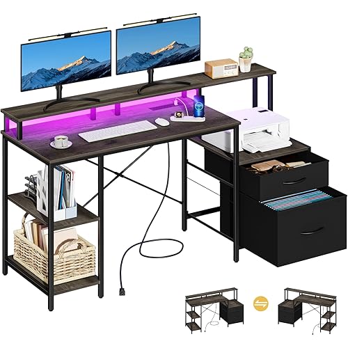 Yoobure Computer Desk, Gaming Desk with LED Lights & Outlets, 59" Office Desk with Drawers Long Home Office Desks with Fabric File Cabinets, Work Desk with Storage Shelves & Monitor Stand for Bedroom
