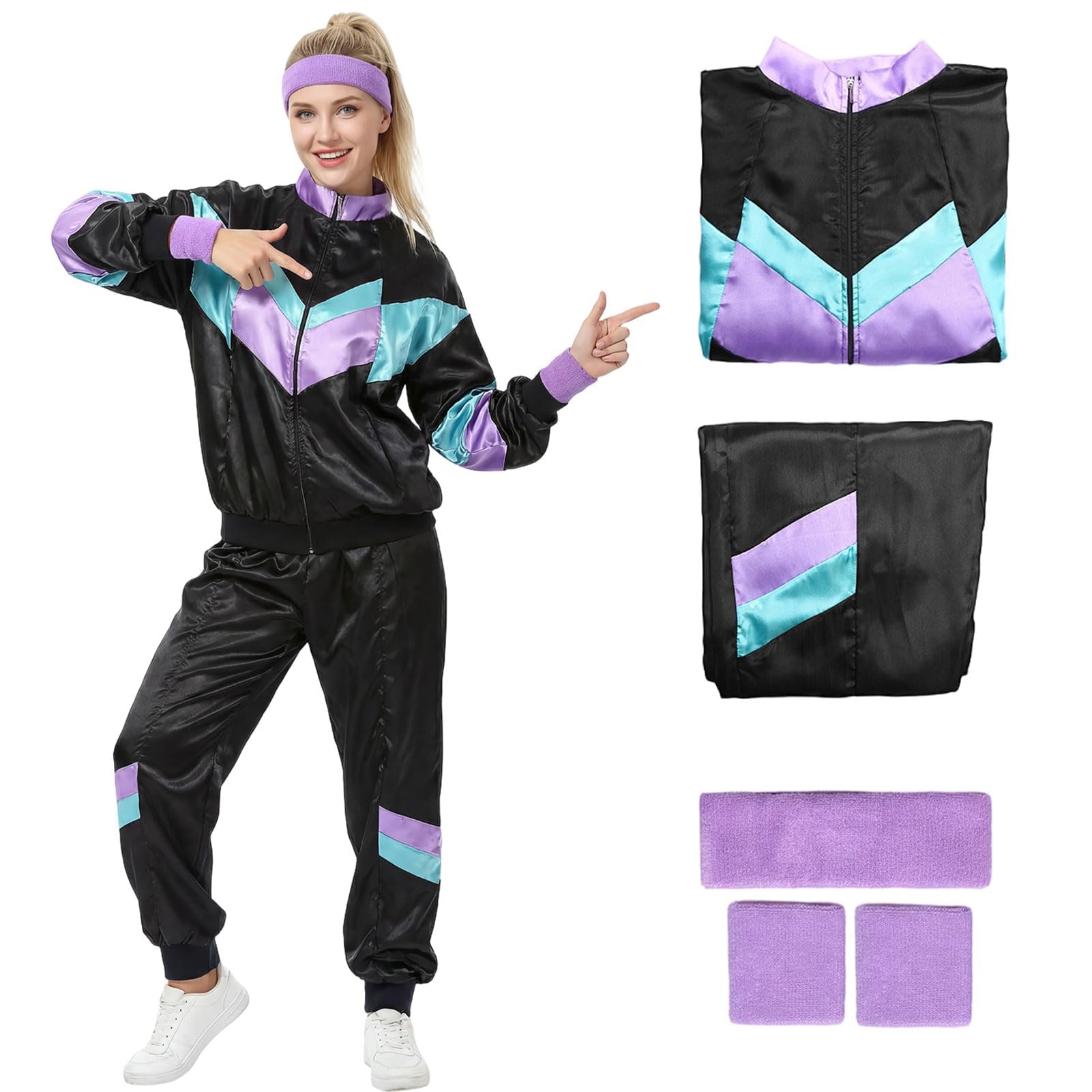 Amycute 80s 90s Retro Shell Suit Tracksuit for Men Women, Neon Disco Fancy Dress Costume with Headband & Wristbands for 80s 90d Theme Party, Hen Do, Festival Outfit(Black,S)