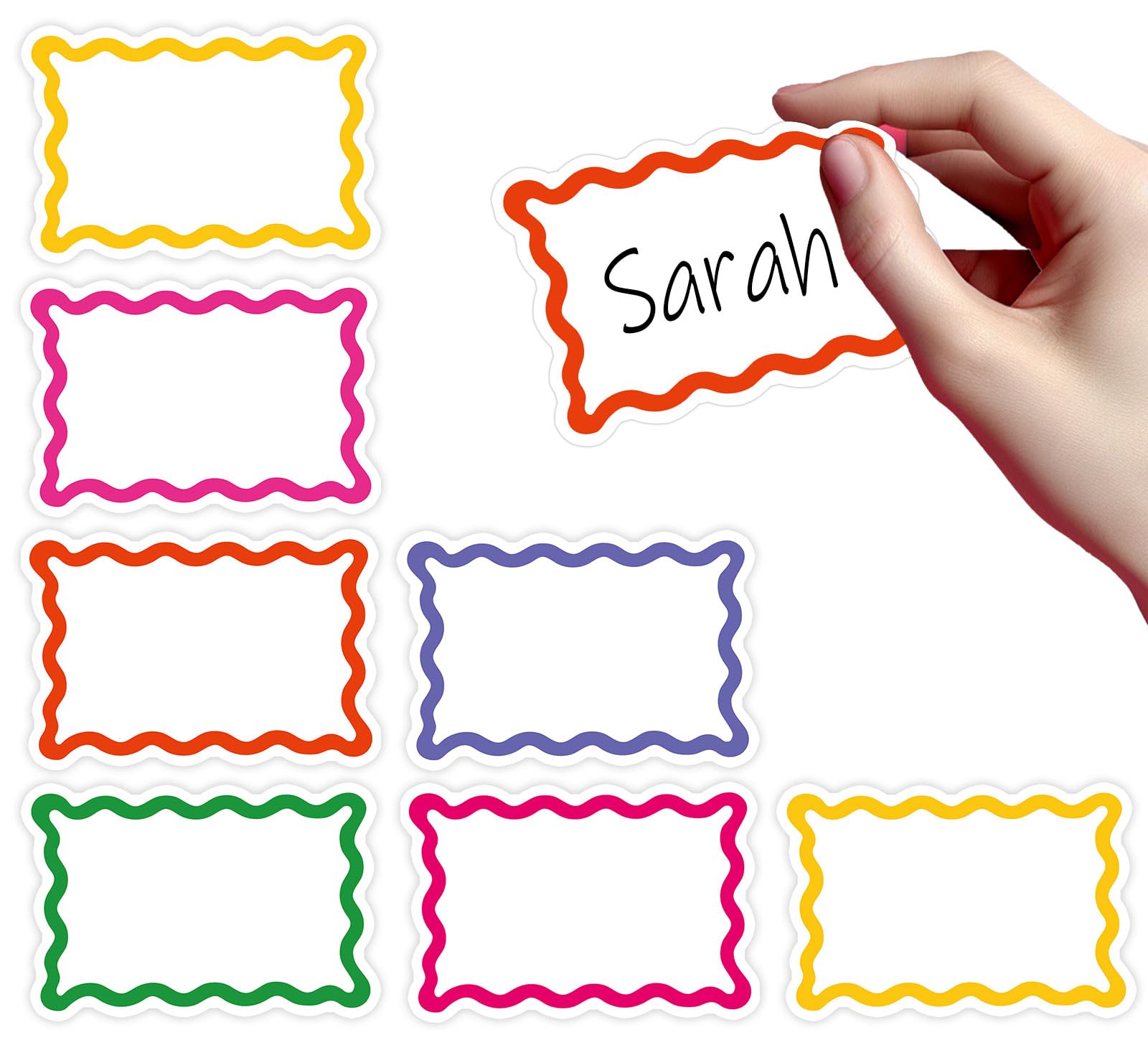 Whaline 180Pcs 3.5 x 2.4 inch Back to School Colorful Wavy Scalloped Border Name Tag Stickers Colorful Self-Adhesive Nameplate Decal Blank Name Badge Label for School Classroom Gift Office Desk Decor