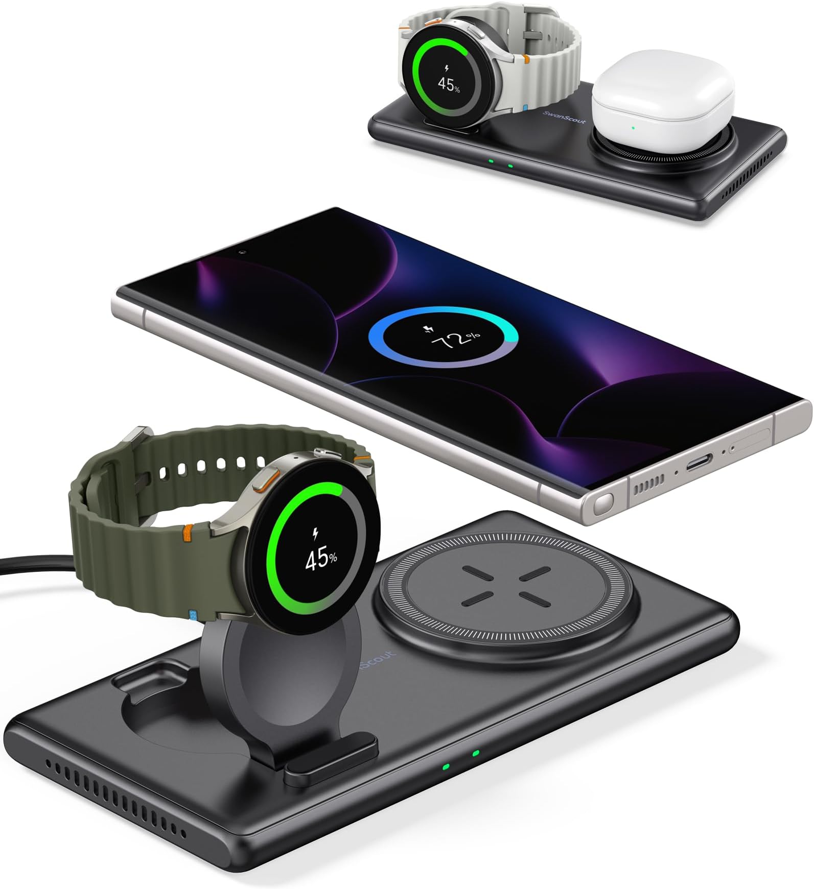 SwanScoutInduction Charger for Samsung Watch 7, SwanScout 502S, 2 in 1 Wireless Charging Dock for Samsung S24 Ultra/S23/Note 20/Z Flip 6, Charging Station for Galaxy Watch Ultra/7/6/5/4, Buds 3/2/Pro