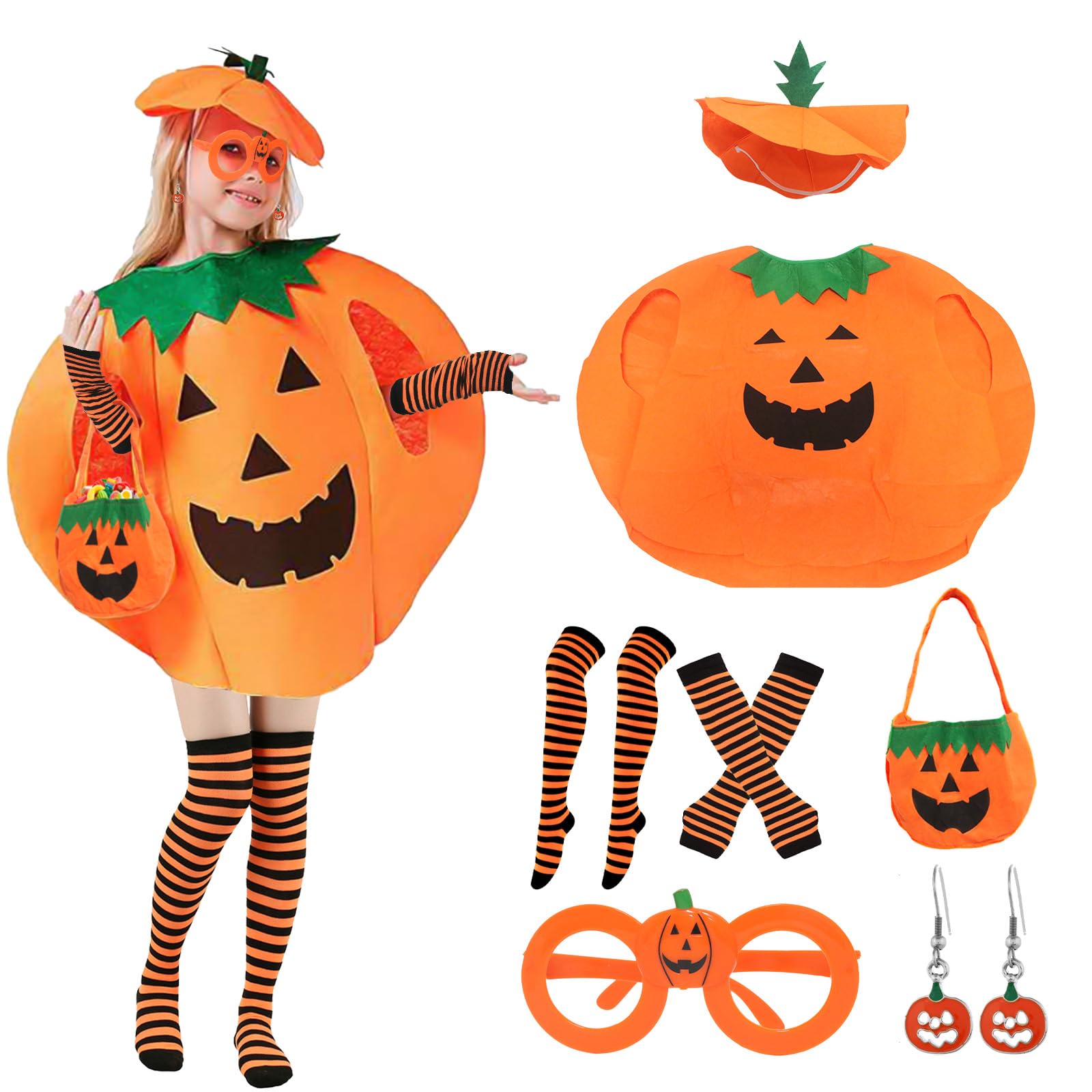 MAINOSHY Halloween Pumpkin Costume with Pumpkin Hat Candy Bag Striped Tights Stockings Striped Gloves Halloween Party Fancy Dress Clothes Outfits for Halloween Dress Up Party