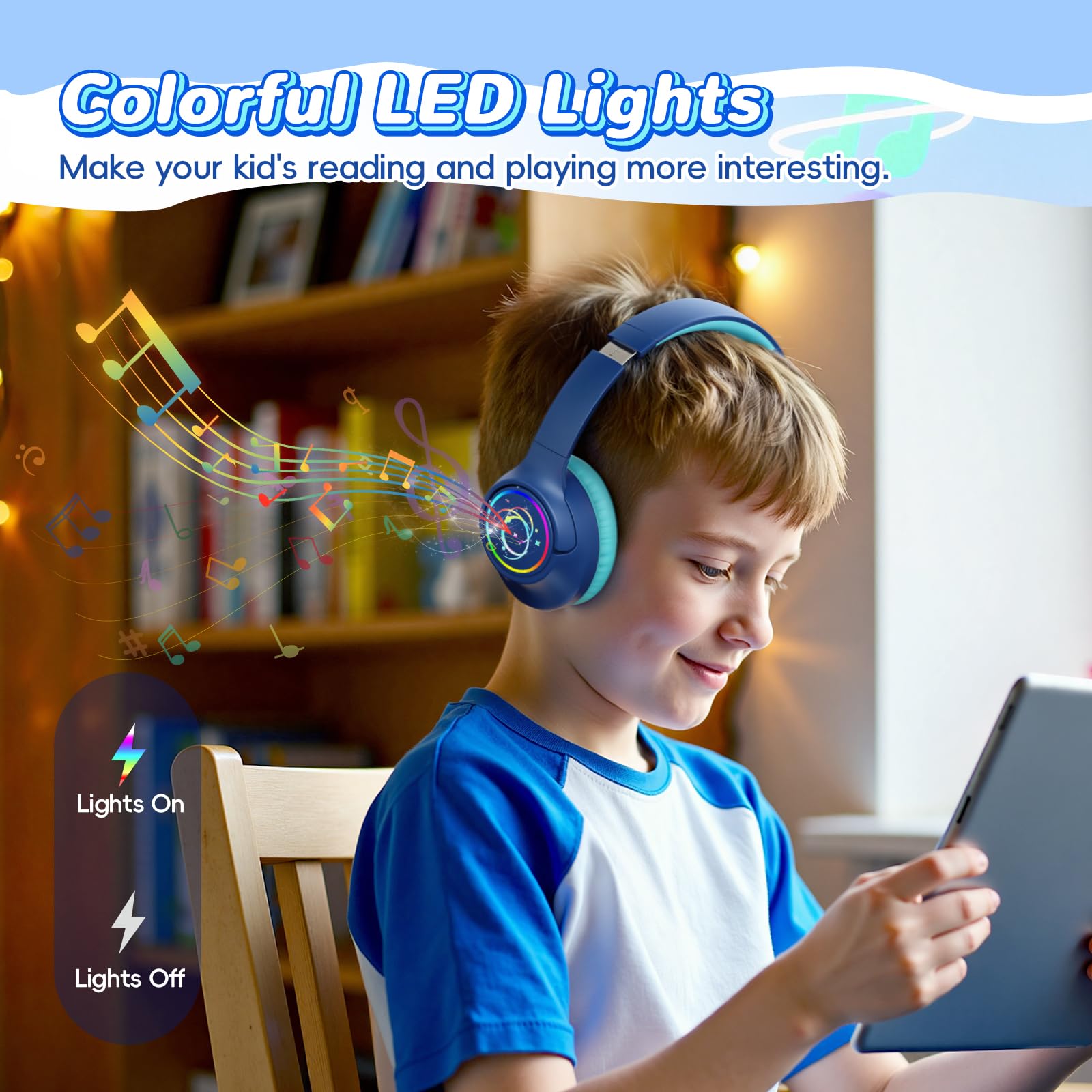 Auriculares Bluetooth para niños, 85 horas de reproducción, inalámbricos, luces LED coloridas, límite de volumen seguro de 85/94 dB, Bluetooth 5.4, micrófono integrado, auriculares para niños pequeños