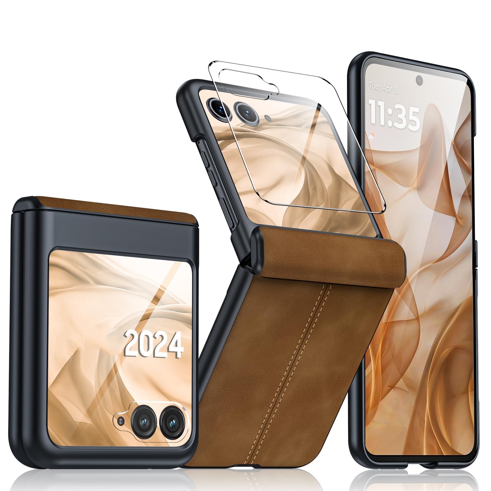 Phone Case for Motorola Razr 2024, Moto Razr 2024 Leather Case, PU Leather, Hard PC Shell Shockproof Ultra Thin Slim Durable Protective Phone Case, Built-in Screen Protector (Brown)