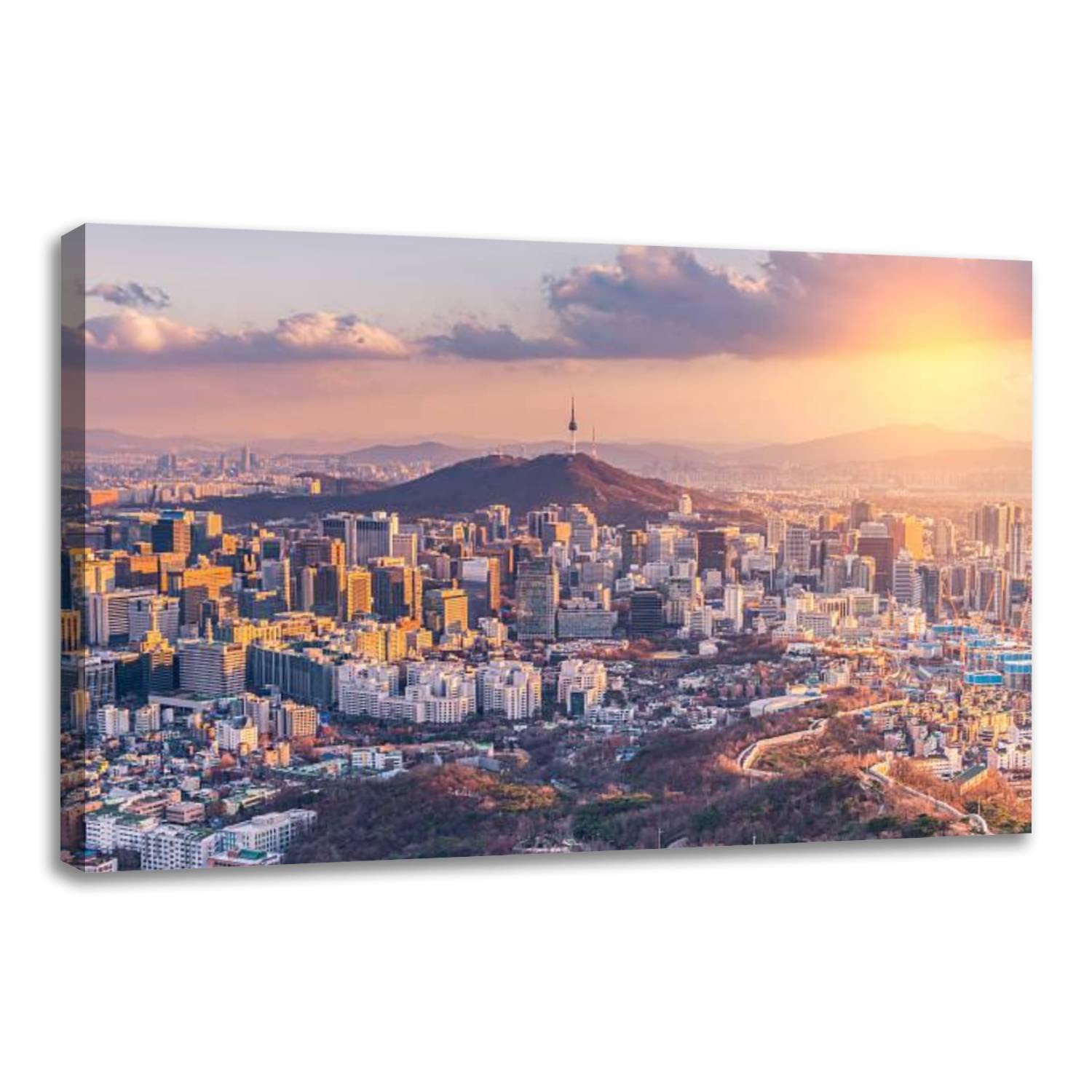 Canvas Wall Art Prints Sunset at Seoul City Skyline South Korea Modern Picture Artwork Stretched & Framed Painting Poster Home Decor Living Room Ready to Hang 20"X32"