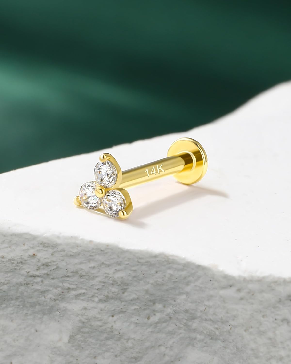 COCHARM 14K Real Gold Helix Cartilage Conch Earring Stud 16g Flat Back Triple CZ Cartilage Helix Tragus Piercing Jewelry 14K Solid Gold Labret Stud Internally Threaded Labret Piercing 14kt - Image 6