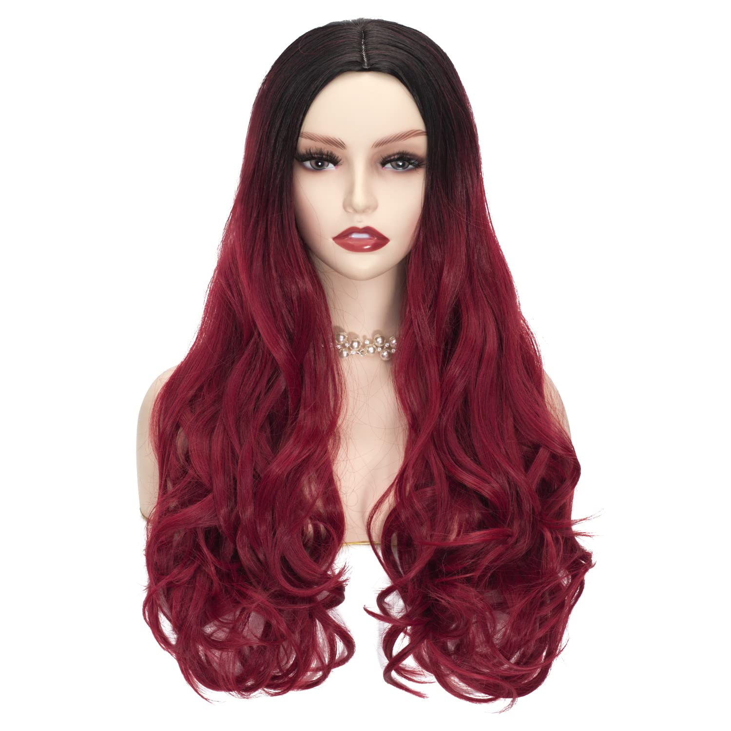 Dark Red Wig for Women Red Ombre Long Wavy Wig Cosplay Costume