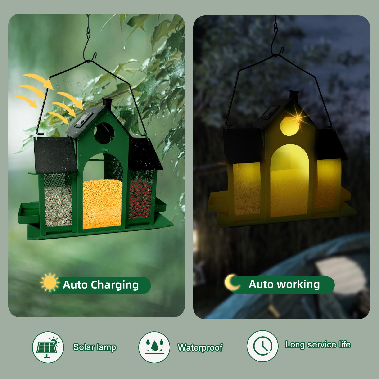 Comedero solar para pájaros para colgar en el exterior, comedero de pájaros de gran capacidad para colgar al aire libre, comedero de malla de metal para pinzón cardenal (verde y negro)