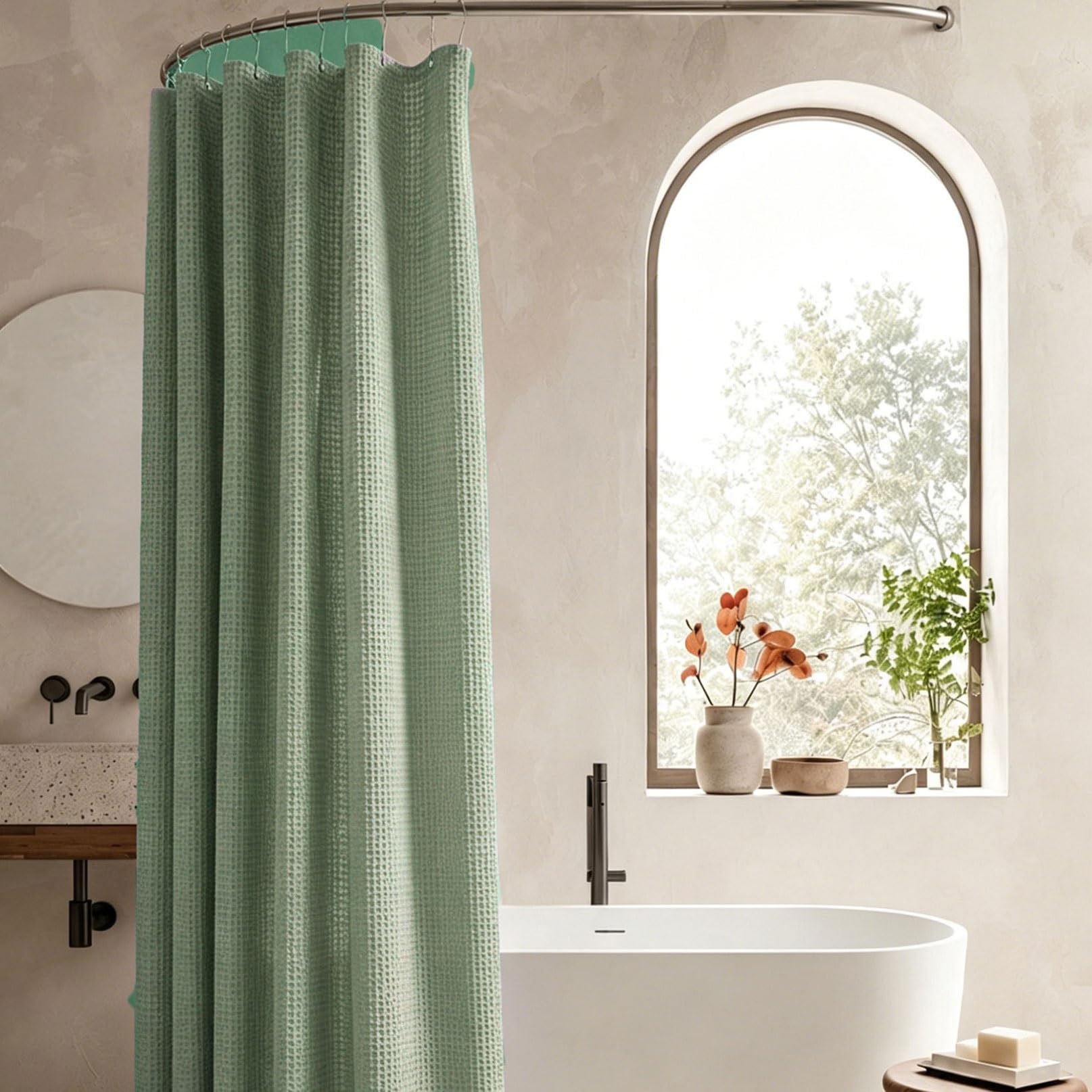 RCYONGQ Shower Curtain Mould and Mildew Resistant, Polyester, Waffle Bathtub Curtains Includes 12 Pcs Curtain Hooks, Quick-Drying, 230g/㎡ for Bathroom Wet Room Tub(Green,180x240cm)