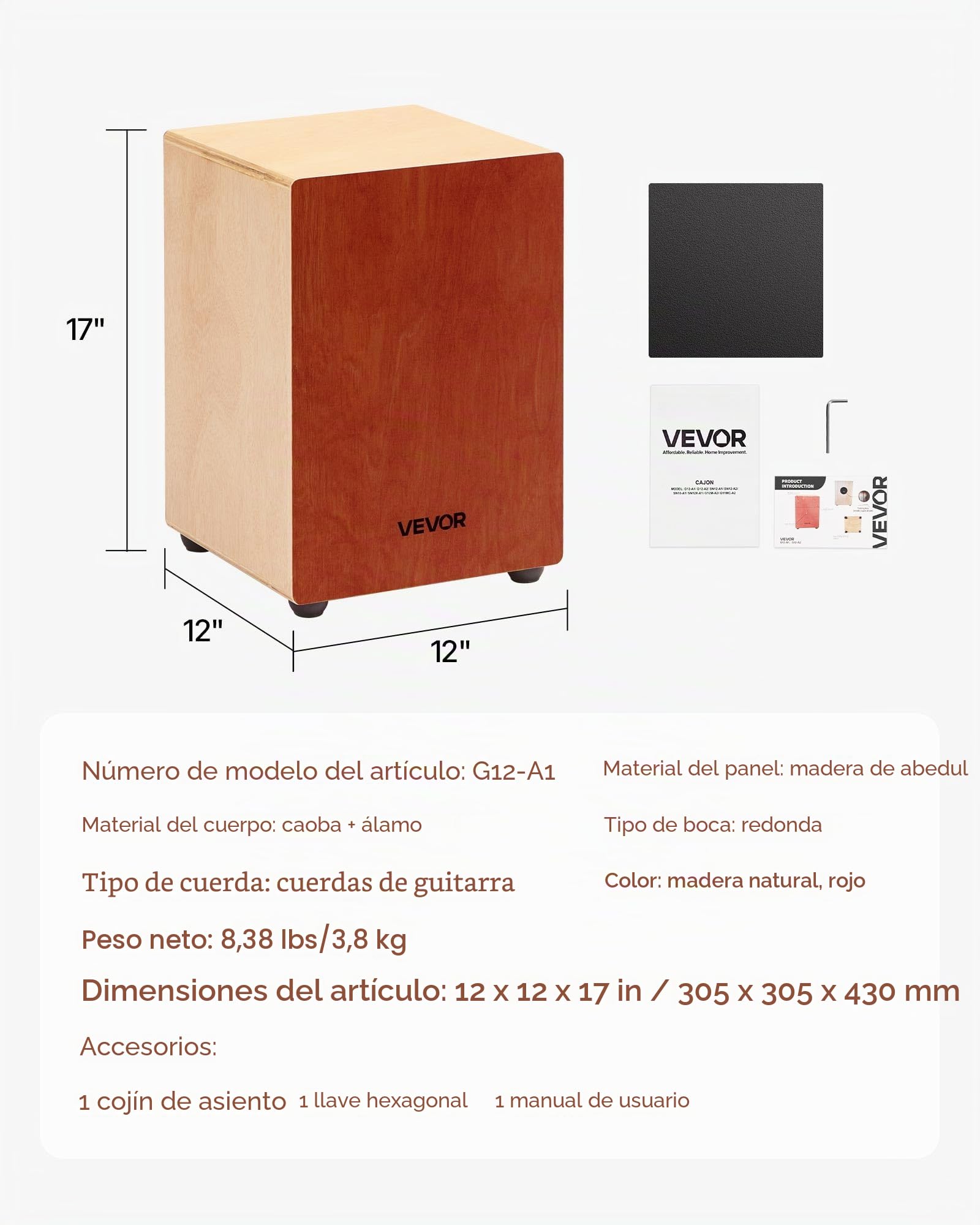 VEVOR Cajón de Percusión de Madera, Tambor Portátil Ligero de Madera de Abedul de 305 x 305 x 430 mm con Cuerdas de Guitarra Internas y Patas de Silicona para Principiantes y Profesionales
