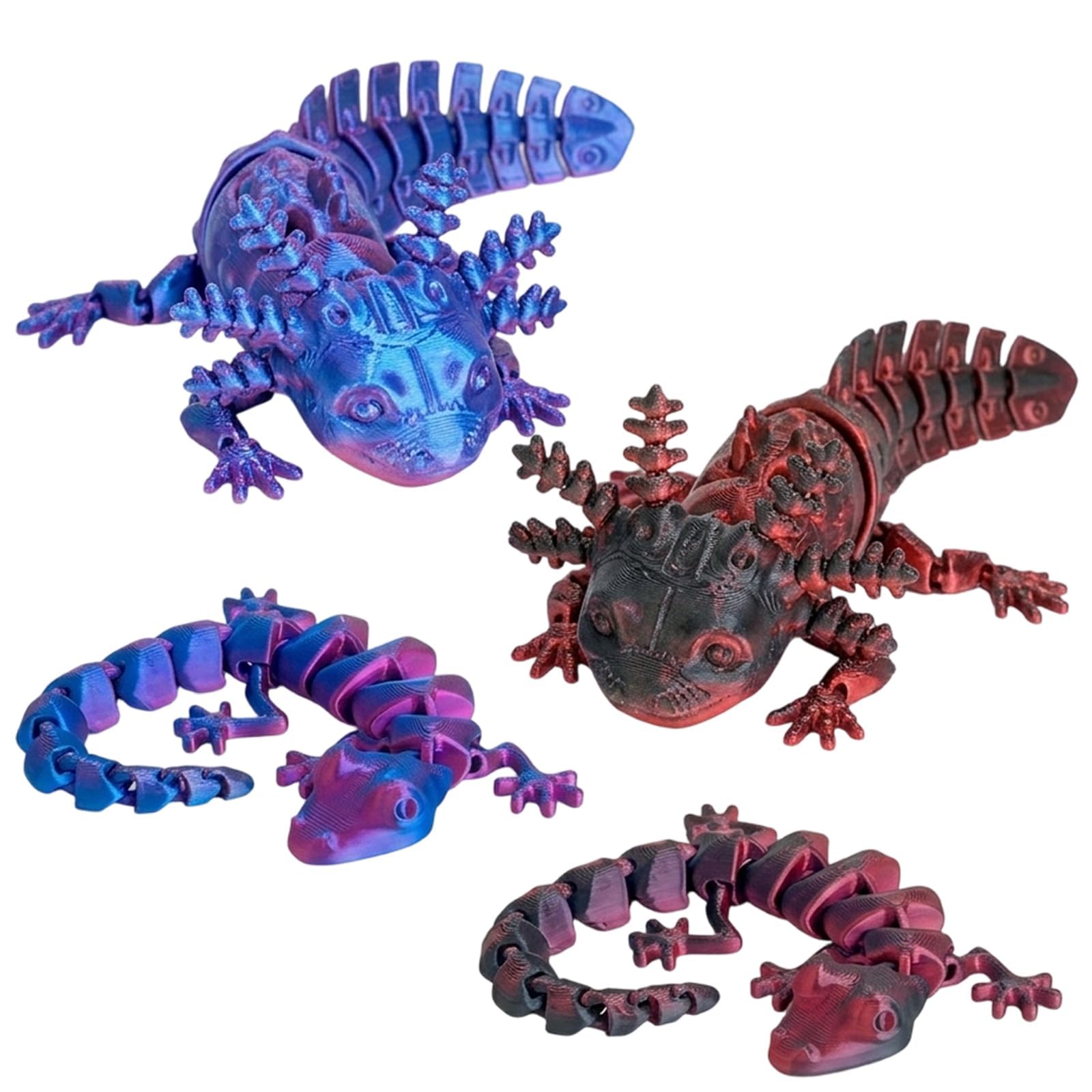 4 Pcs 3D Printed Axolotl Set, 13 Cm 3D Printed Animals, 2 Pcs Axolotl 2 Pcs Lizard, Small Dark Red and Laser Purple Models (Black Red and Blue Purple)