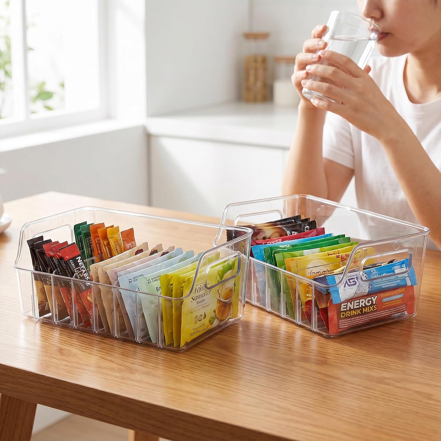 Drink Packet Organizer, 2 PCS Acrylic Water Packet Organizer for Water Flavor Drink Mix, 8 Compartment Sugar Packet Holder with Removable Divider, Pantry Storage Bin for Kitchen Organization image 4