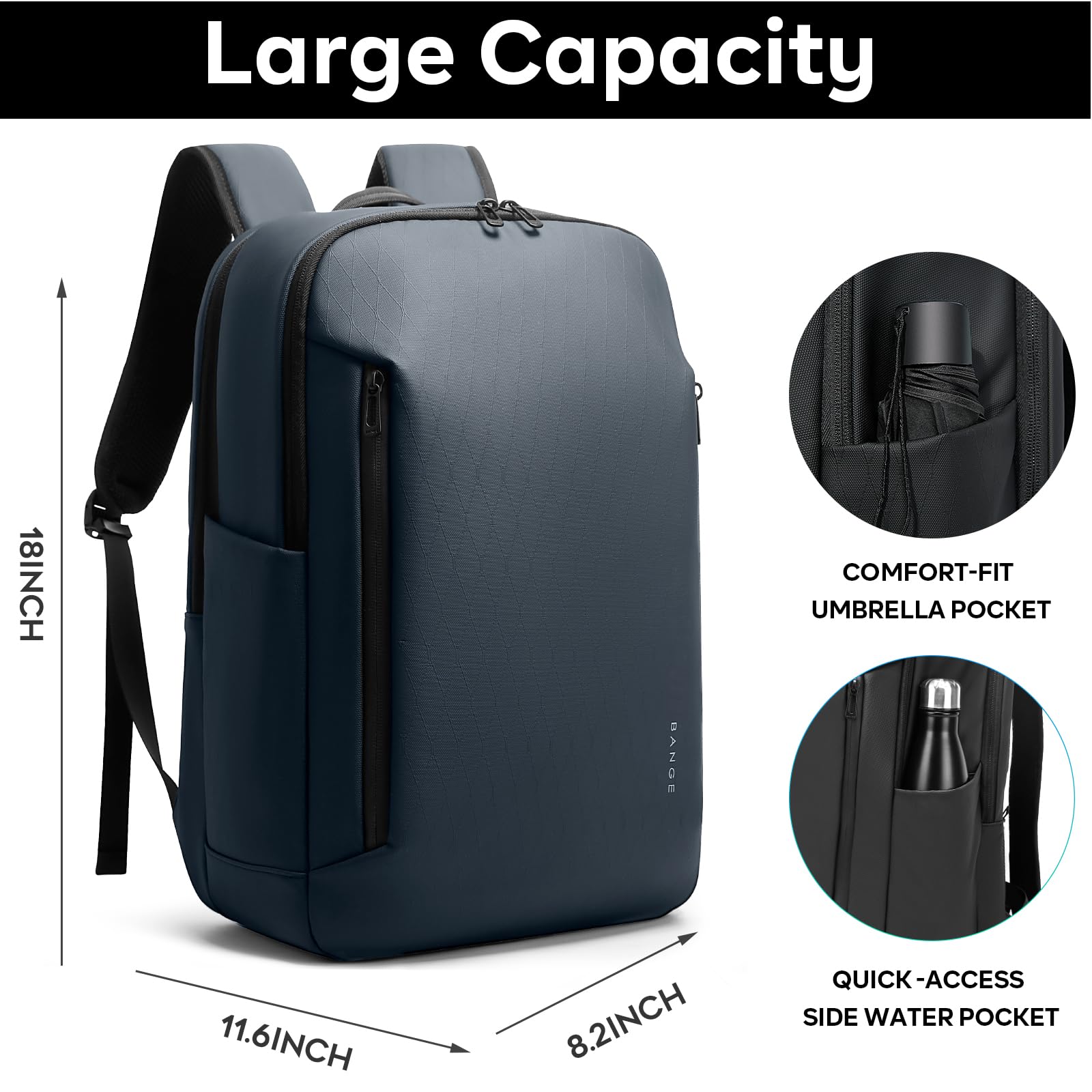 BANGE Sac à dos professionnel pratique pour hommes et femmes, pour ordinateur portable jusqu'à 15,6 pouces, étanche, idéal pour le travail, les déplacements et les voyages, format cabine, bleu
