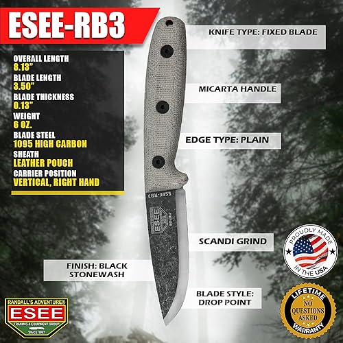 Miniatura 4 de ESEE RB3 Reuben Bolieu Cuchillo de supervivencia de hoja fija, funda de cuero, fabricado en Estados Unidos (acabado de óxido negro, funda de cuero