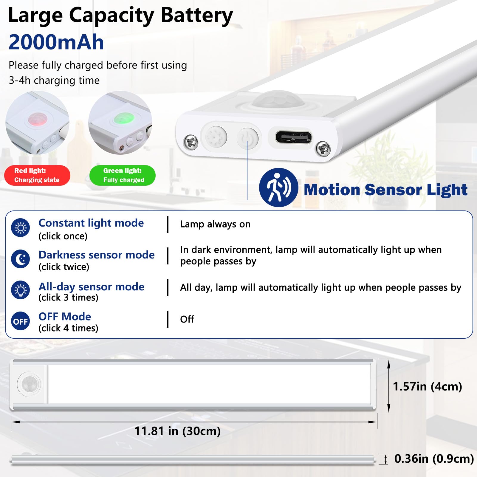 HengBo Motion Sensor Light, 54 LEDs USB Rechargeable Under Cabinet Light, 3 Color Temperatures Dimmable Closet Light, Magnetic Stick Night Lamp for Kitchen, Bedroom, Stairs, Hallway-2 Pack, Silver