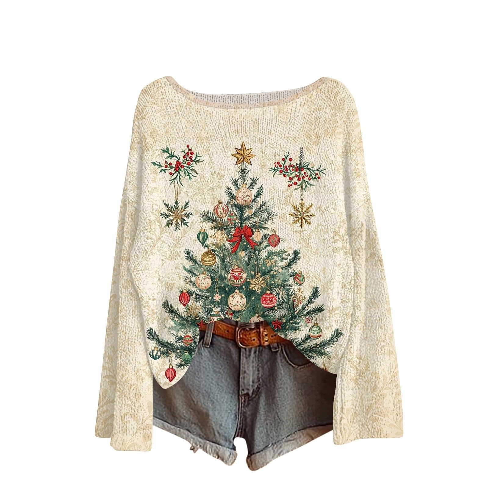 Christmas Sweaters for Women Cute Tree Patteron Knit Pullovers Long Sleeve Crew Neck Boho Tops Xmas Holiday Clothes