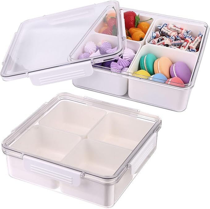 2 Pack Divided Serving Tray with Clear Airtight Lid Snack Container with 4 Compartment
