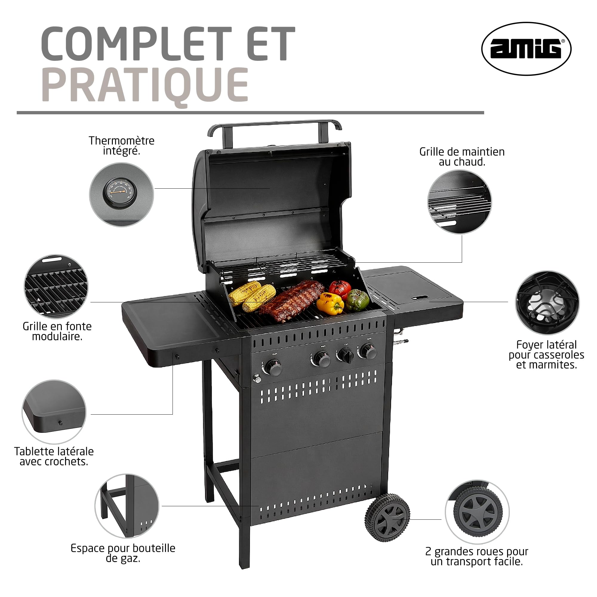Amig - Barbecue à gaz IGNIS 3+1 (3 brûleurs + 1 latéral) - 117 x 55 x 110 cm - Surface de cuisson 54 x 38 cm - Avec thermomètre, tablettes latérales, roues et grille en fonte - Noir