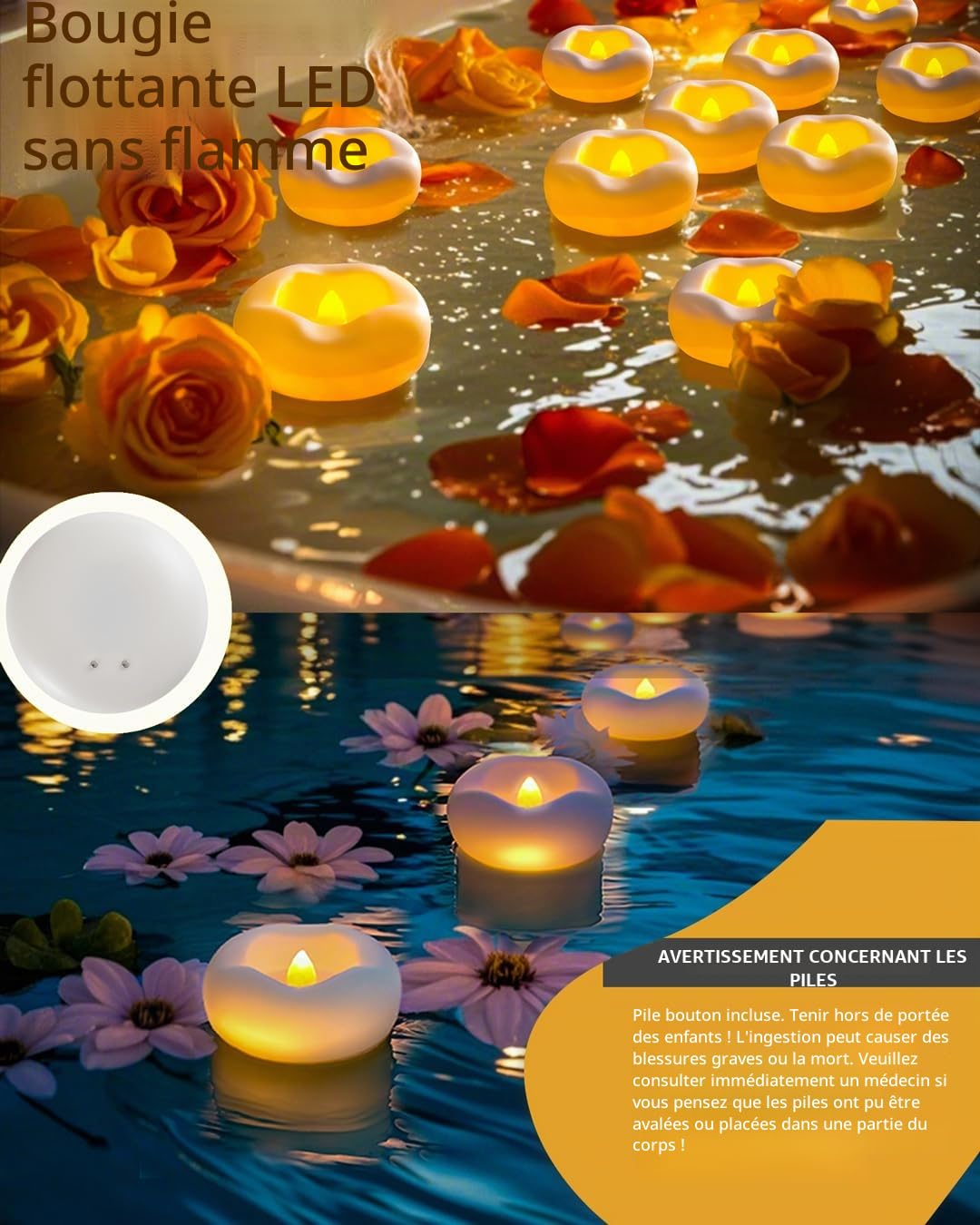 Lot de 300 bougies flottantes de 5,1 cm, 200 heures activées par l'eau, blanc chaud, alimentées par piles, pour centres de table, baignoire, piscine, fontaine