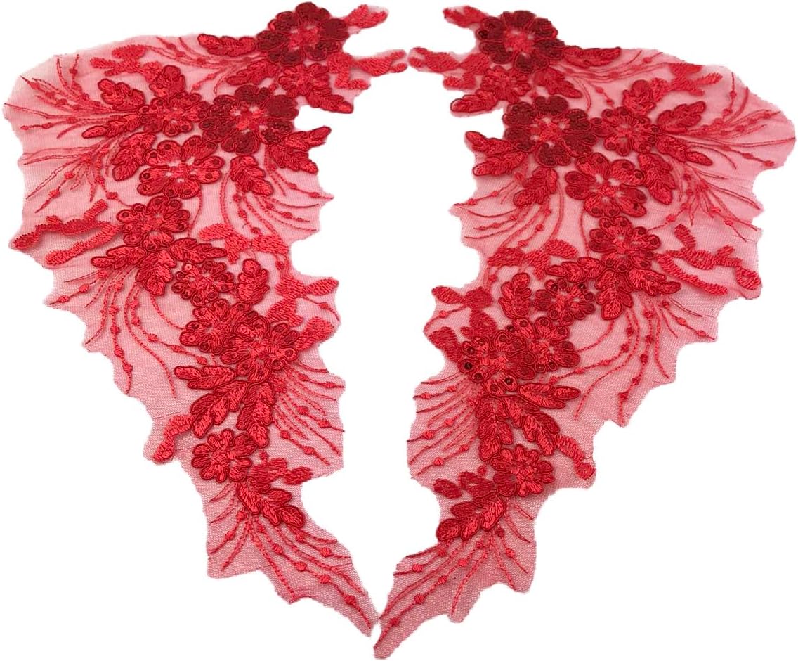 MMvolesy Red Lace Sequin Flower Patch for Costume Dress Decor - Sparkling DIY Sewing Applique, Handmade Craft Supplies for Clothing Accessories (16.5x8 Inch, 1 Pair) image 2