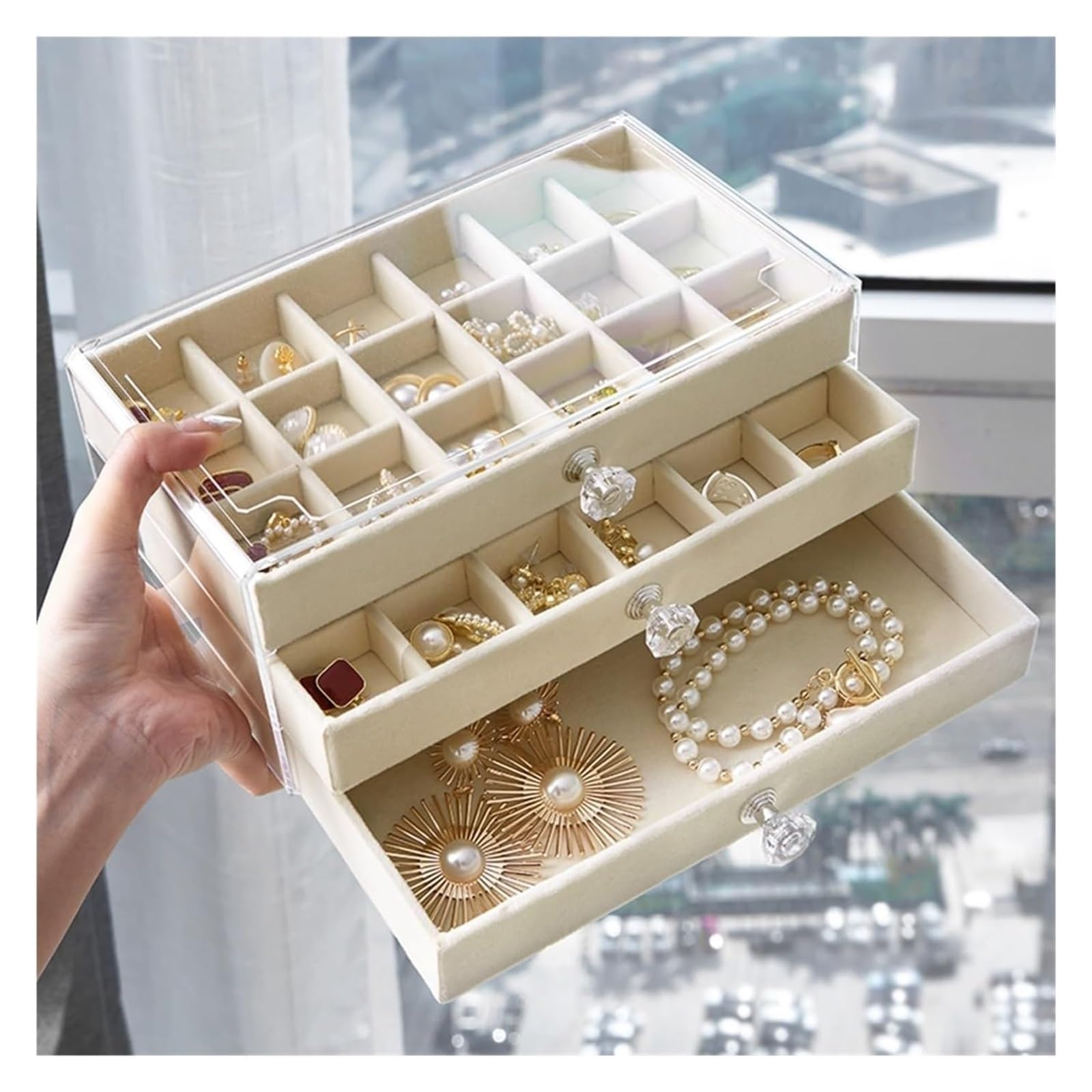 caja para guardar joyas, Pendientes multicapa, caja de almacenamiento anillos, estilo cajón, collar, pulsera, joyero(Gery 36)