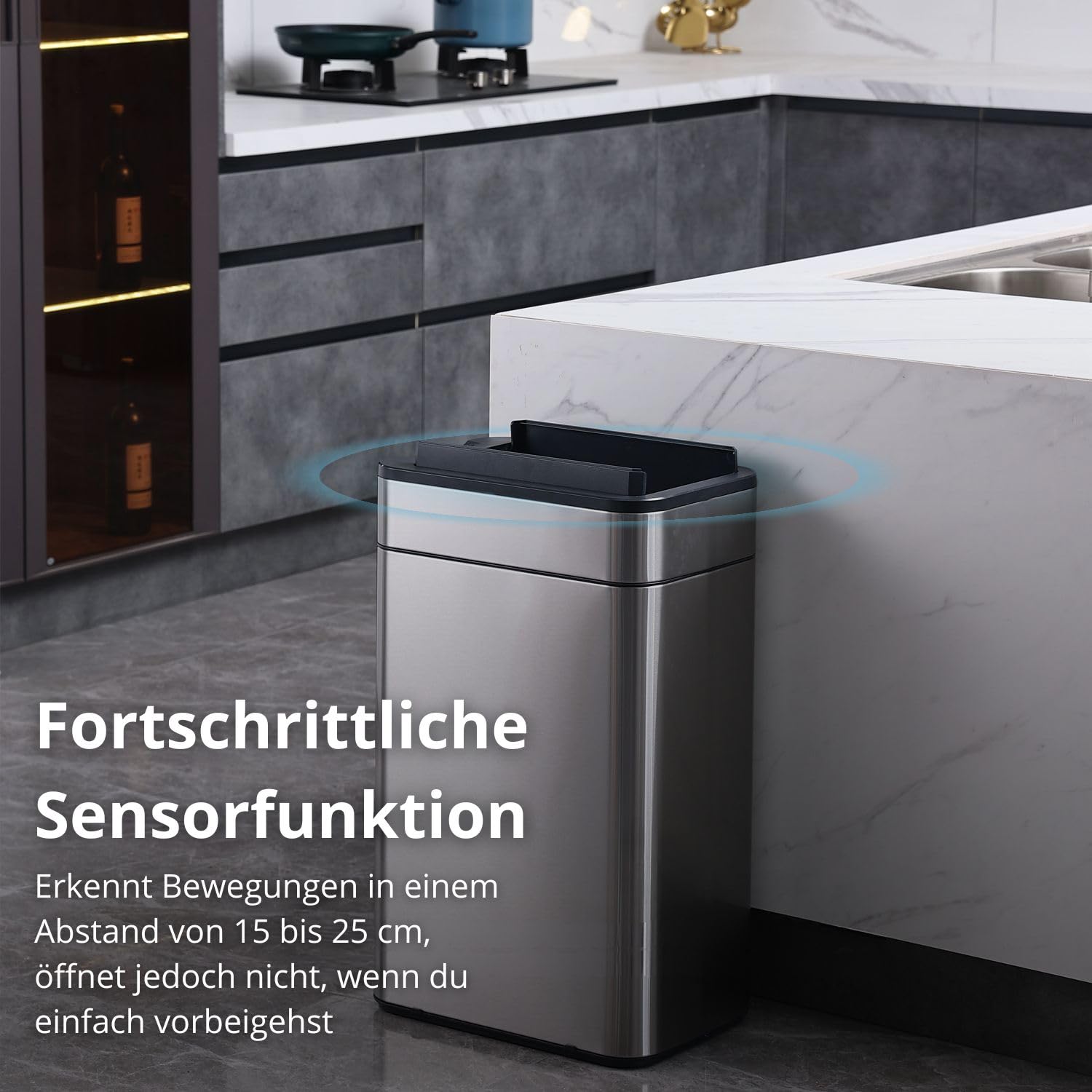 FLINQ 60L Sensor Mülleimer aus Edelstahl – Automatischer Küchenmülleimer mit Bewegungs­sensor – Großer Abfalleimer für Küche – Soft-Close Deckel - Silber