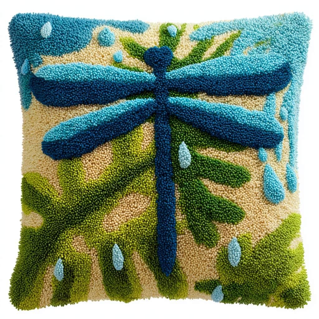 Taxpy Latch Hook Cushion Kits Dragonfly Pillowcase Kits Embroidery Kit 17X17 Inch DIY Needlework Pillow Cover Sofa Cushion Rug Making