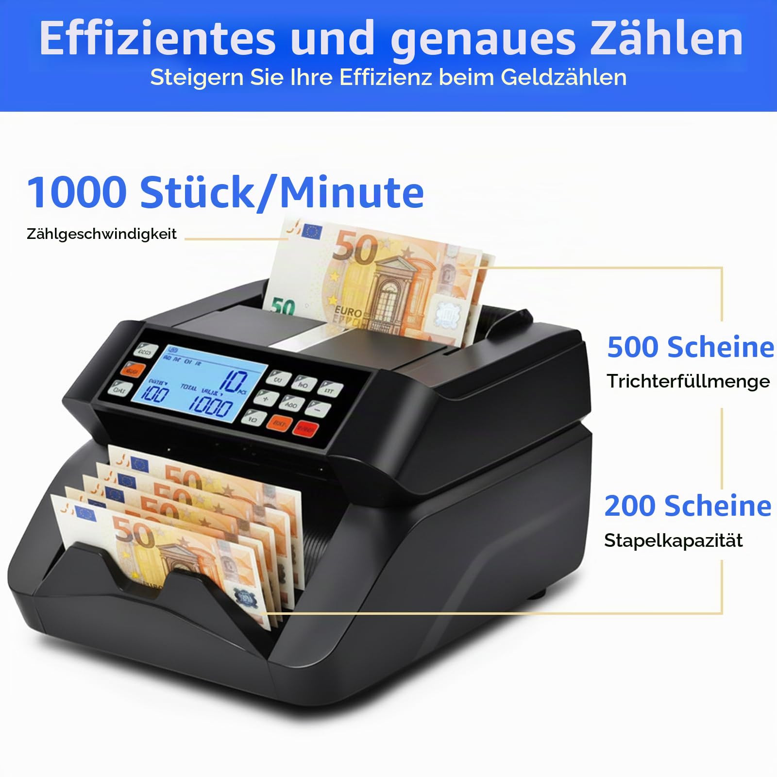 Geldzählmaschine Geldzähler Banknotenzähler mit UV/MG/IR/MT, Banknotenzählmaschine Geldscheinzähler mit 3,5” LCD-Display und Externes Display, 1000 Blatt/min
