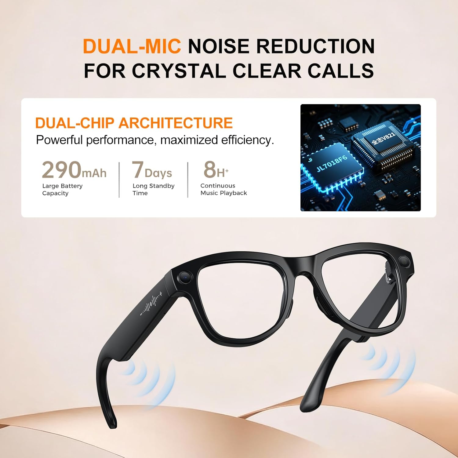 AI Smart Glasses with Camera & Bluetooth, 8MP HD Video Recording, Auto-Tinting Lenses, Open Ear Speakers, Real-Time Translation, for iOS/Android (Clear)