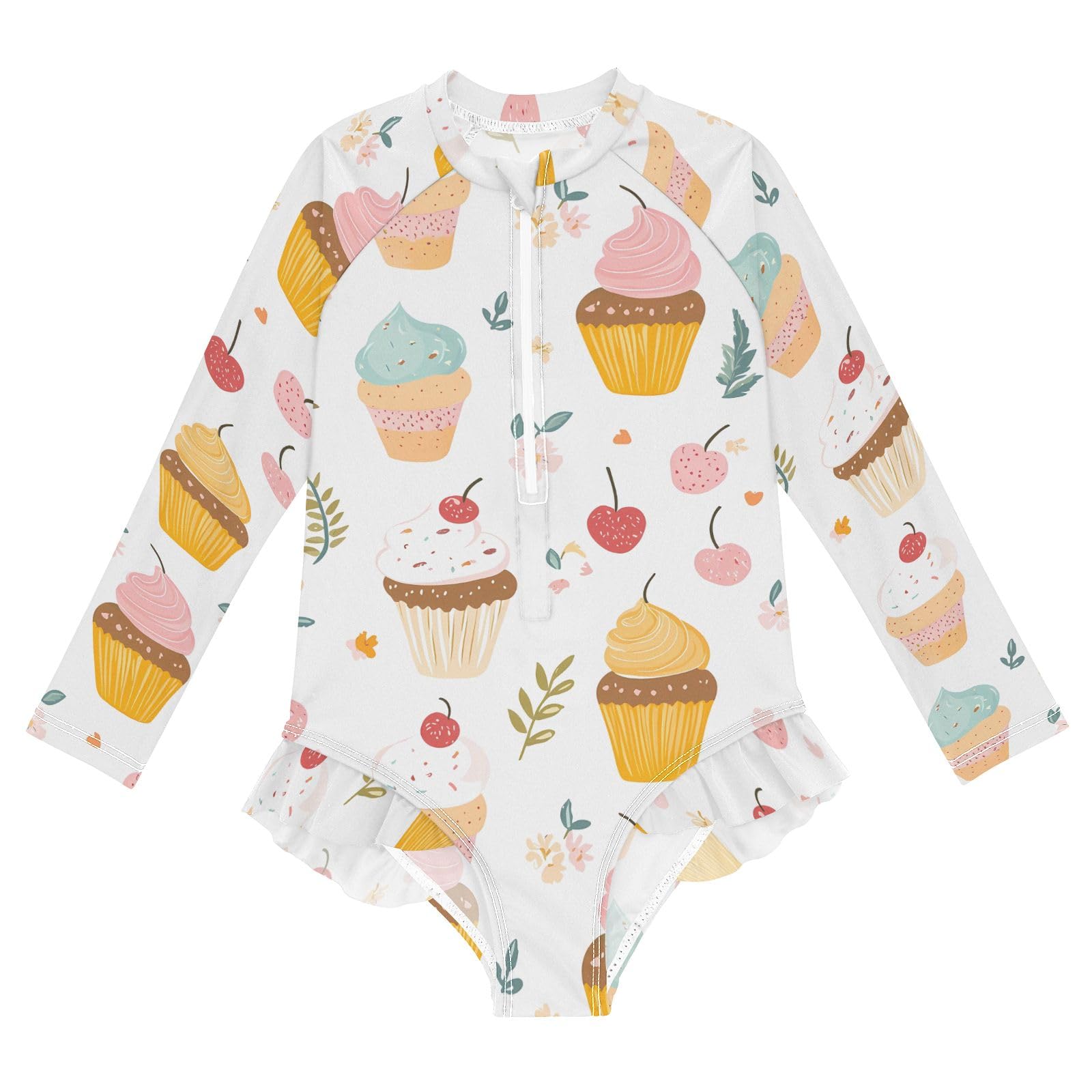 ALAZA Bathing Suits for Girls Toddler Girl Swimsuit Cake Cherry Ice Cream Long Sleeve UPF 50+ 5-6T