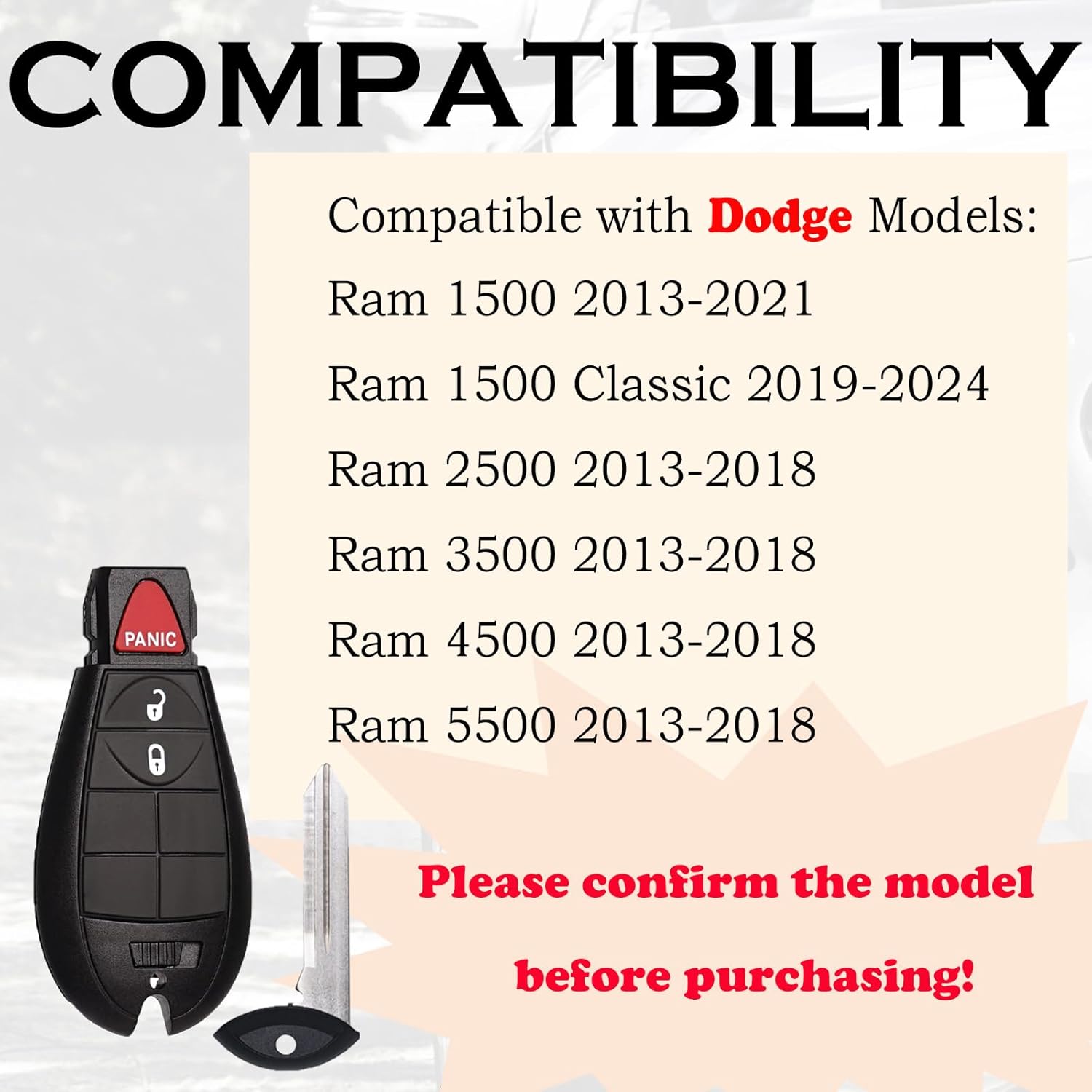 SUPALAND Car Key Fob FOBIK Keyless Entry Remote Control Replacement Fits for Dodge Ram 1500 2500 3500 4500 5500 HD 2013 2014 2015 2016 2017 2018 2019 2020 2021 GQ4-53T 56046953 AG 3 Button Pack of 2