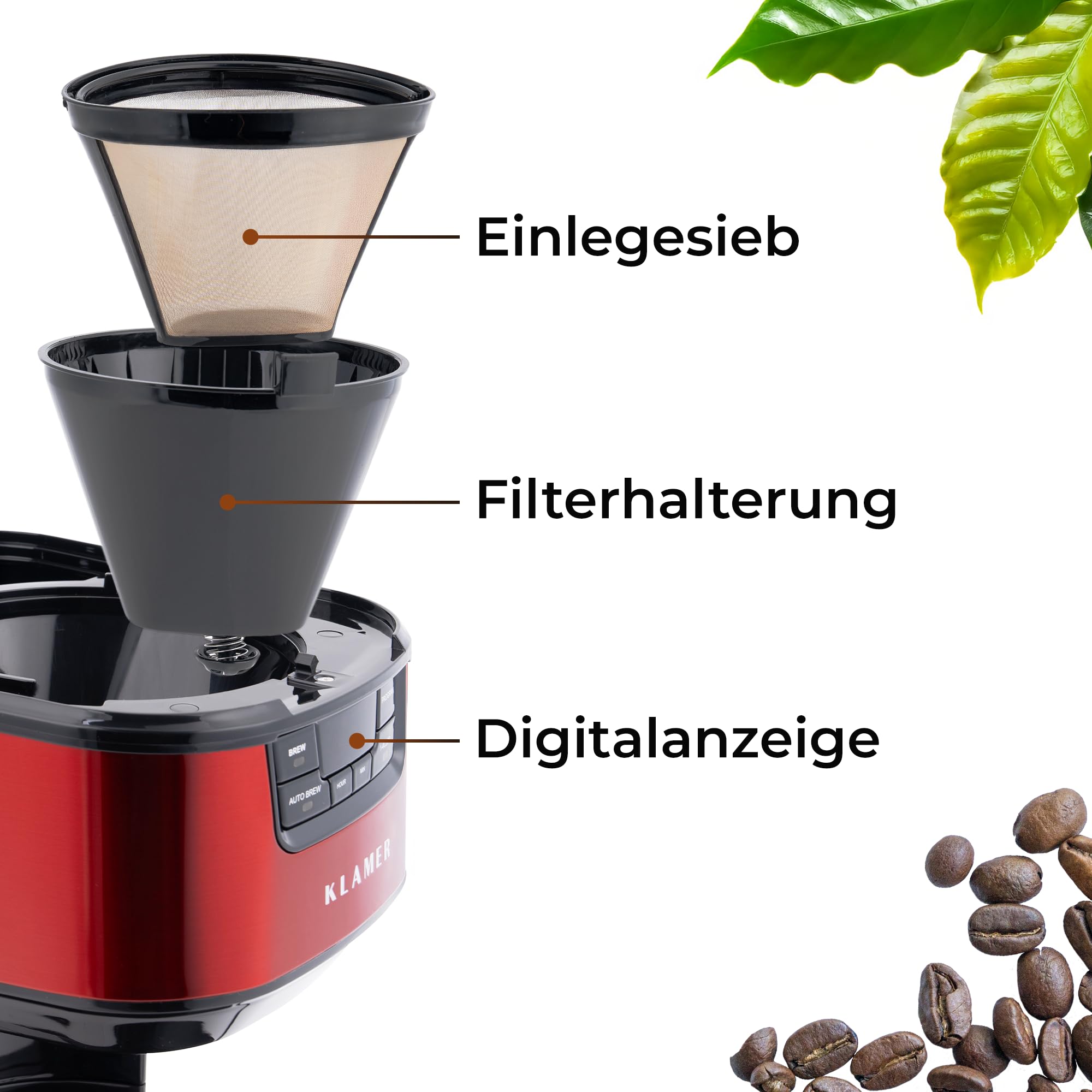 KLAMER Kaffeemaschine mit Startzeitvorwahl, morgens ist der Kaffee fertig | Die doppelwandige Thermoskanne hält den Inhalt warm, mit 1,25 L für bis zu 10 Tassen, Tropf-Stopp und herausnehmbarem Filter