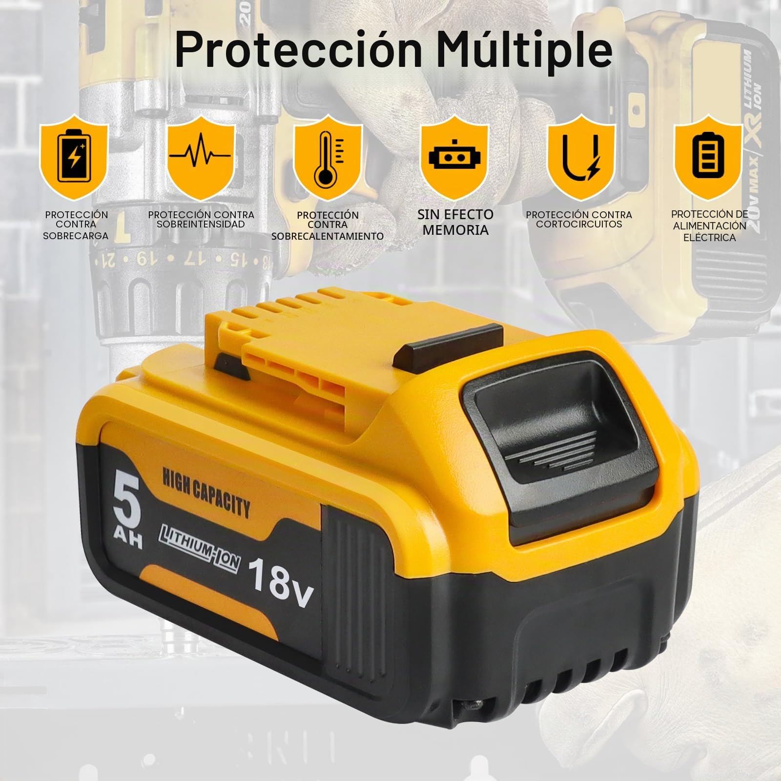 Waitley 2 Baterías para Dewalt 18V 5,0Ah DCB184 con Indicador LED | Para herramientas Dewalt 18V ; sustituye DCB180/181/182/184/200/201, con 5,0Ah, indicador LED y carcasa resistente