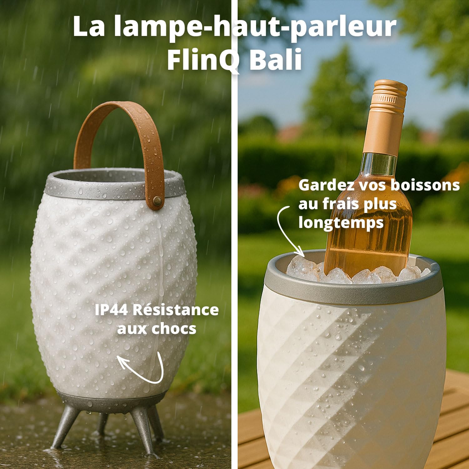 FlinQ Enceinte Bluetooth Bali - Blanc - XL | Enceinte lumineuse avec rafraîchisseur de bouteille | Portable avec lampe | Intérieur et extérieur