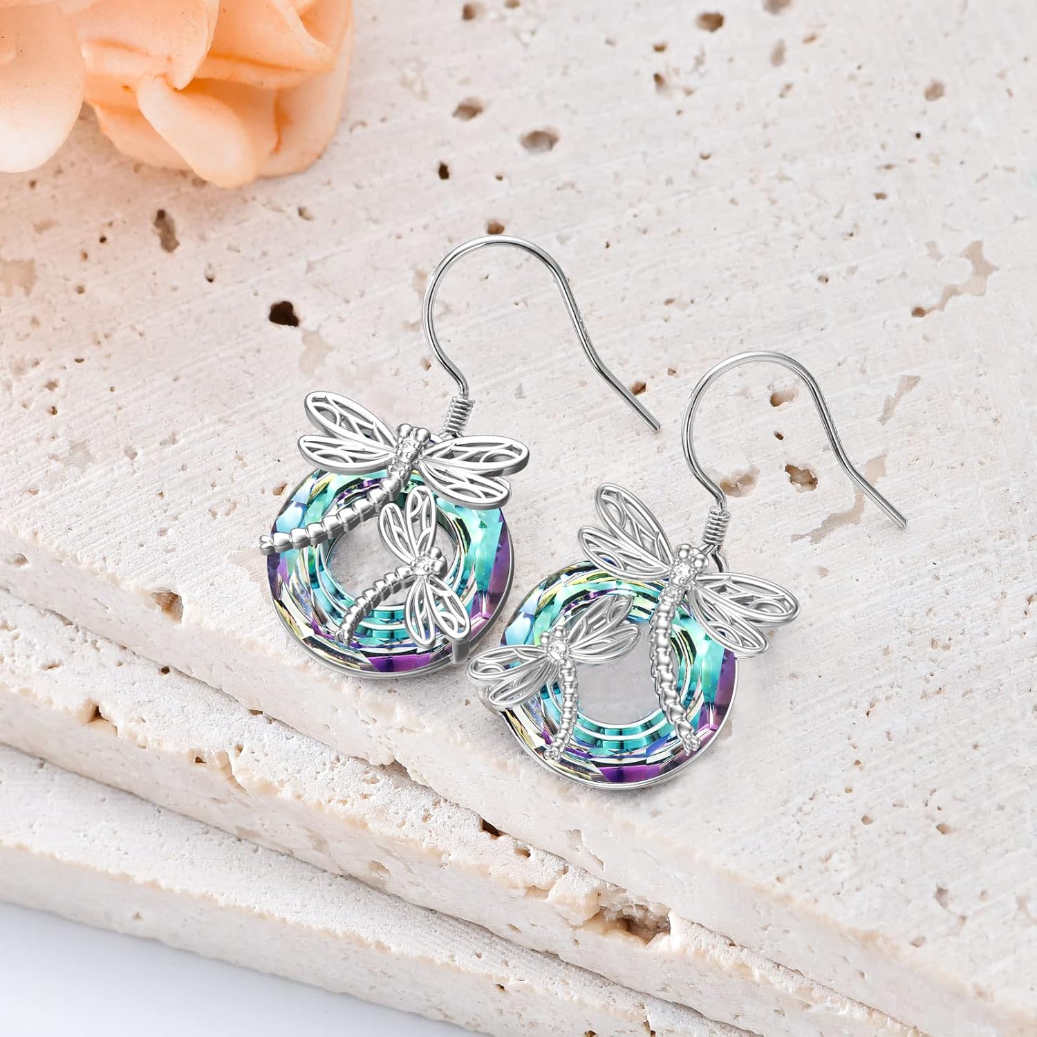 TOUPOP Dragonfly Gifts for Women Sterling Silver Dragonfly Earrings with Circle Crystal Dragonfly Dangle Drop Earrings Jewelry Gifts for Women Mom Birthday Christmas - Image 2